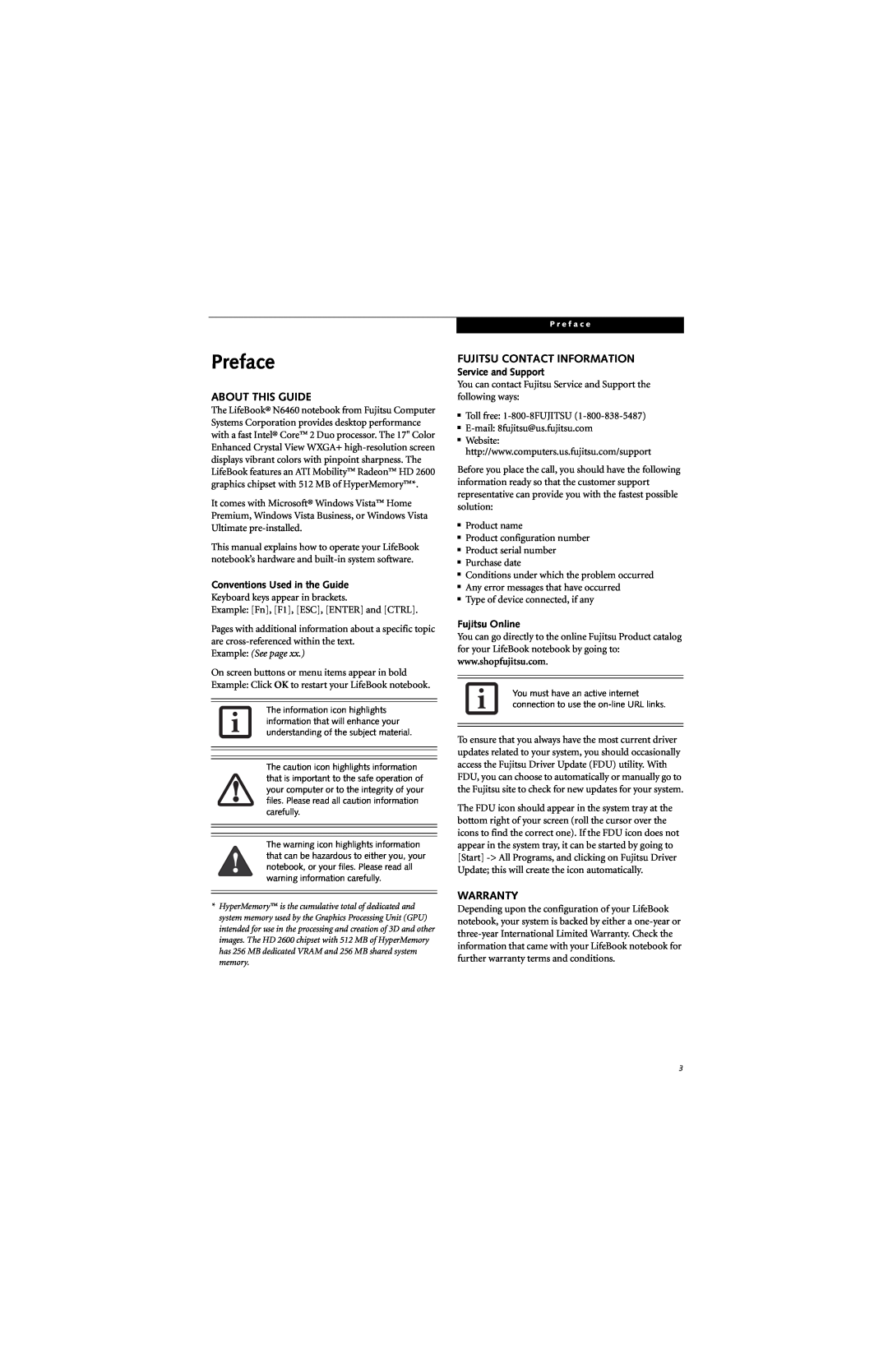 Fujitsu N6460 manual Preface, About This Guide, Fujitsu Contact Information, Warranty, Conventions Used in the Guide 