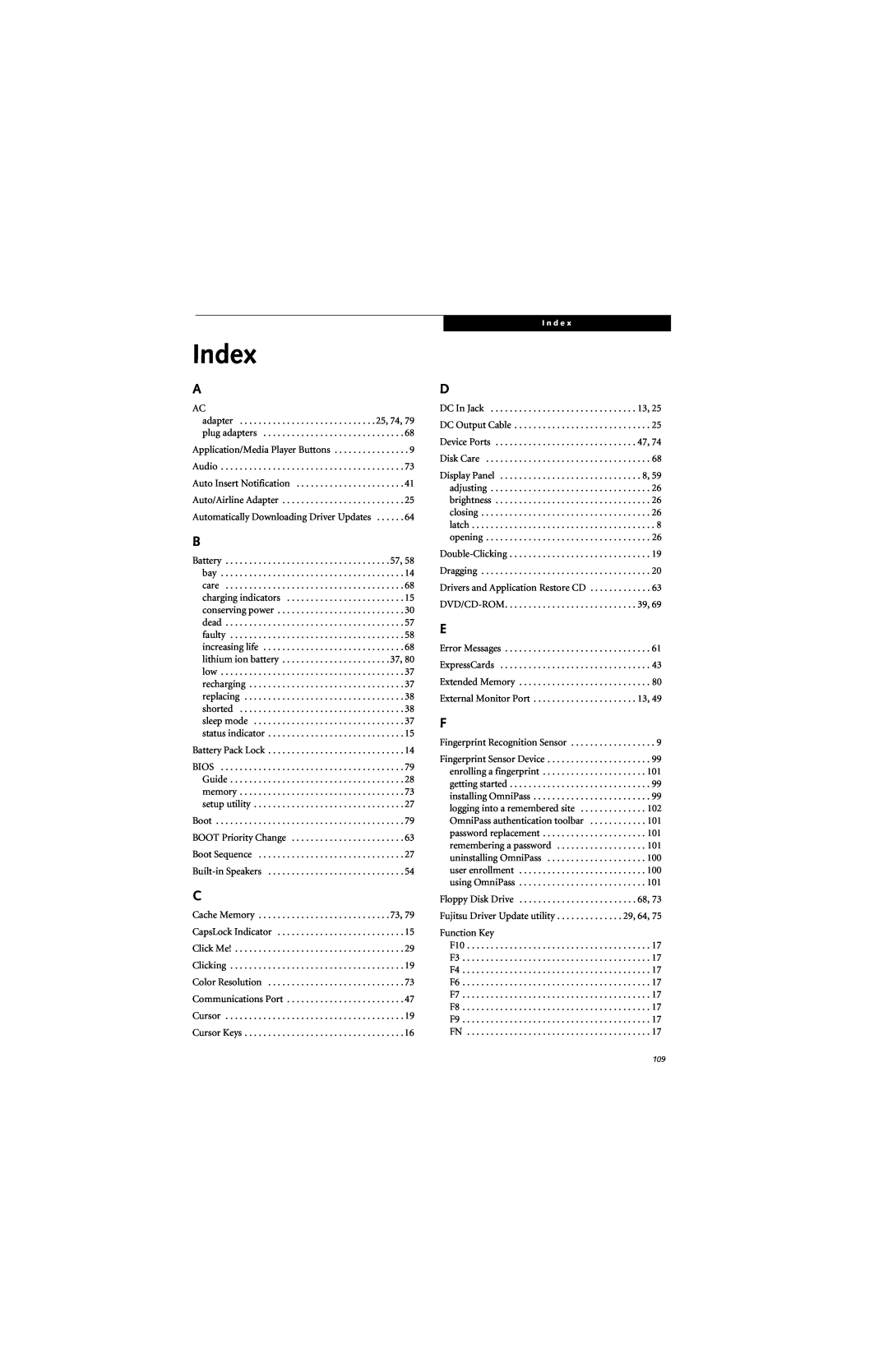 Fujitsu N6460 manual Index 