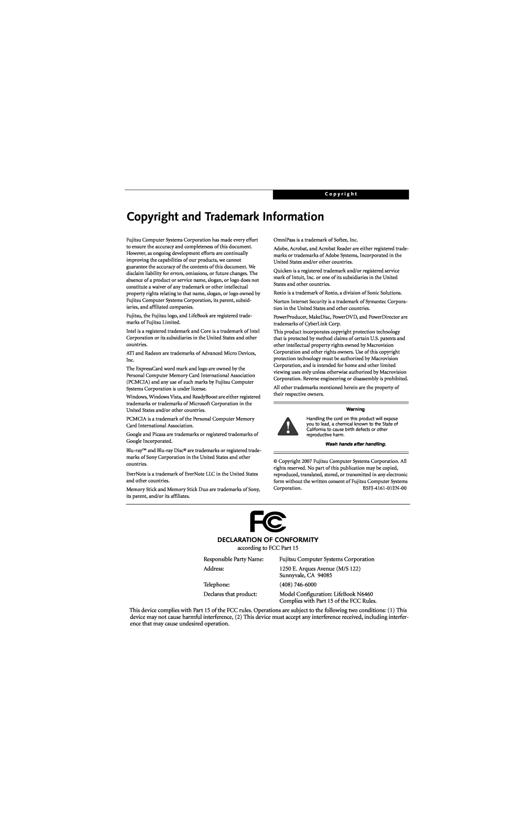 Fujitsu N6460 manual Copyright and Trademark Information, Declaration Of Conformity 