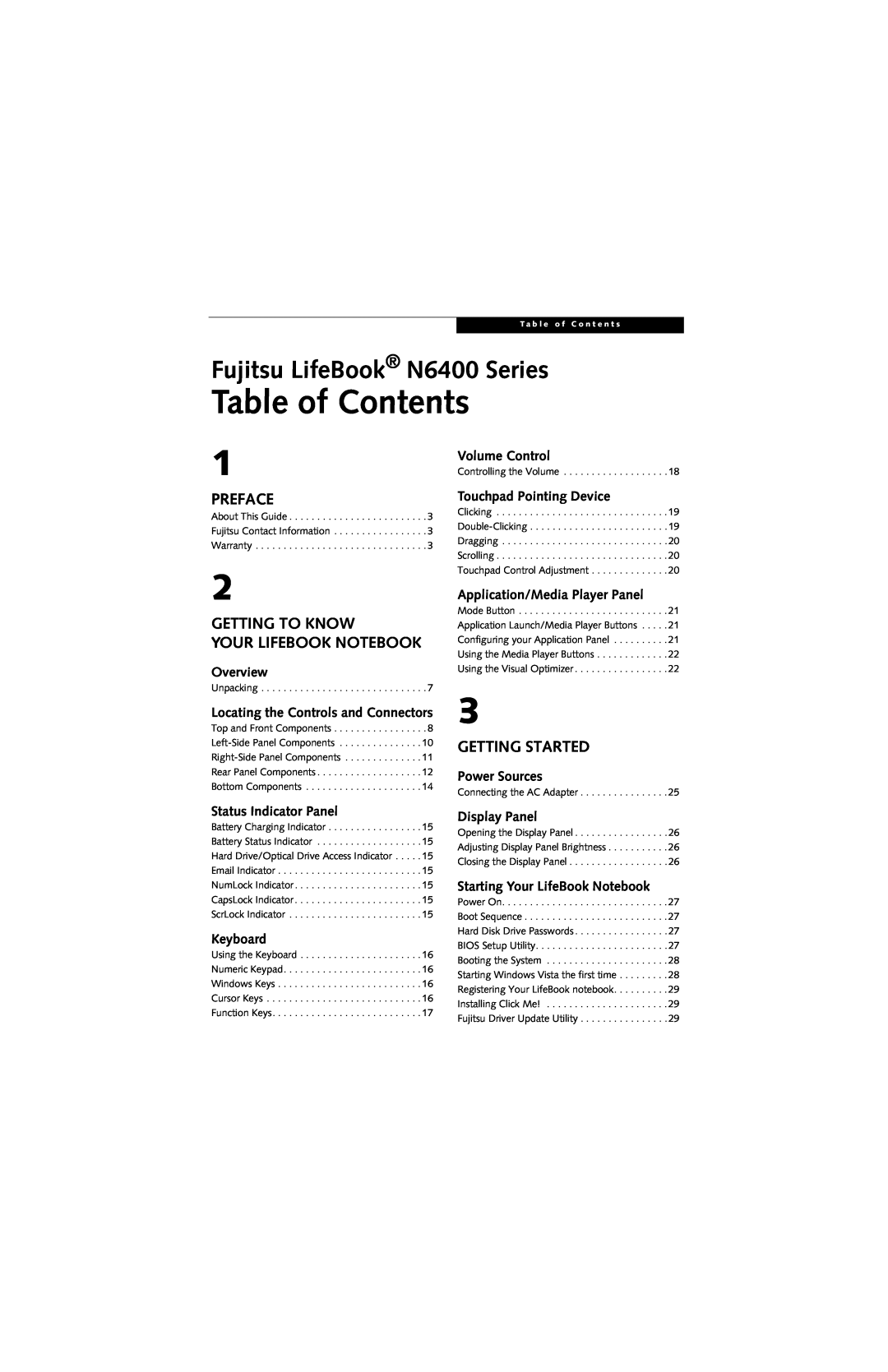 Fujitsu N6460 Table of Contents, Preface, Getting To Know Your Lifebook Notebook, Getting Started, Overview, Keyboard 