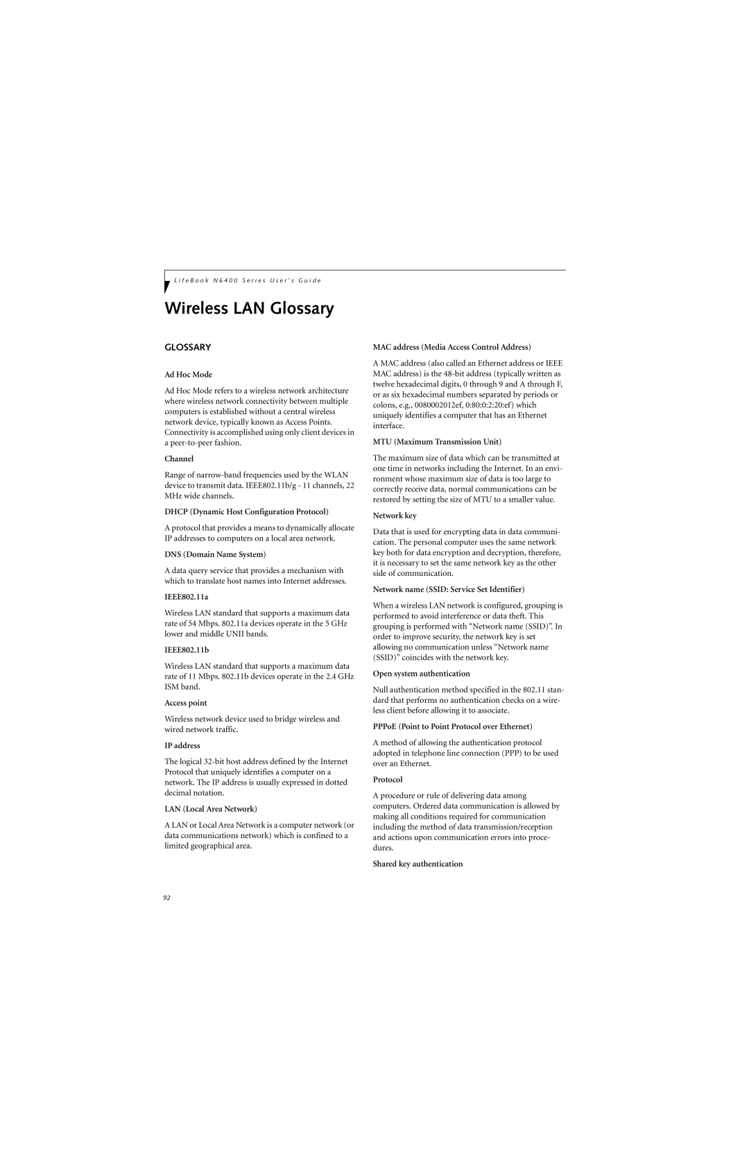 Fujitsu N6460 manual Wireless LAN Glossary 