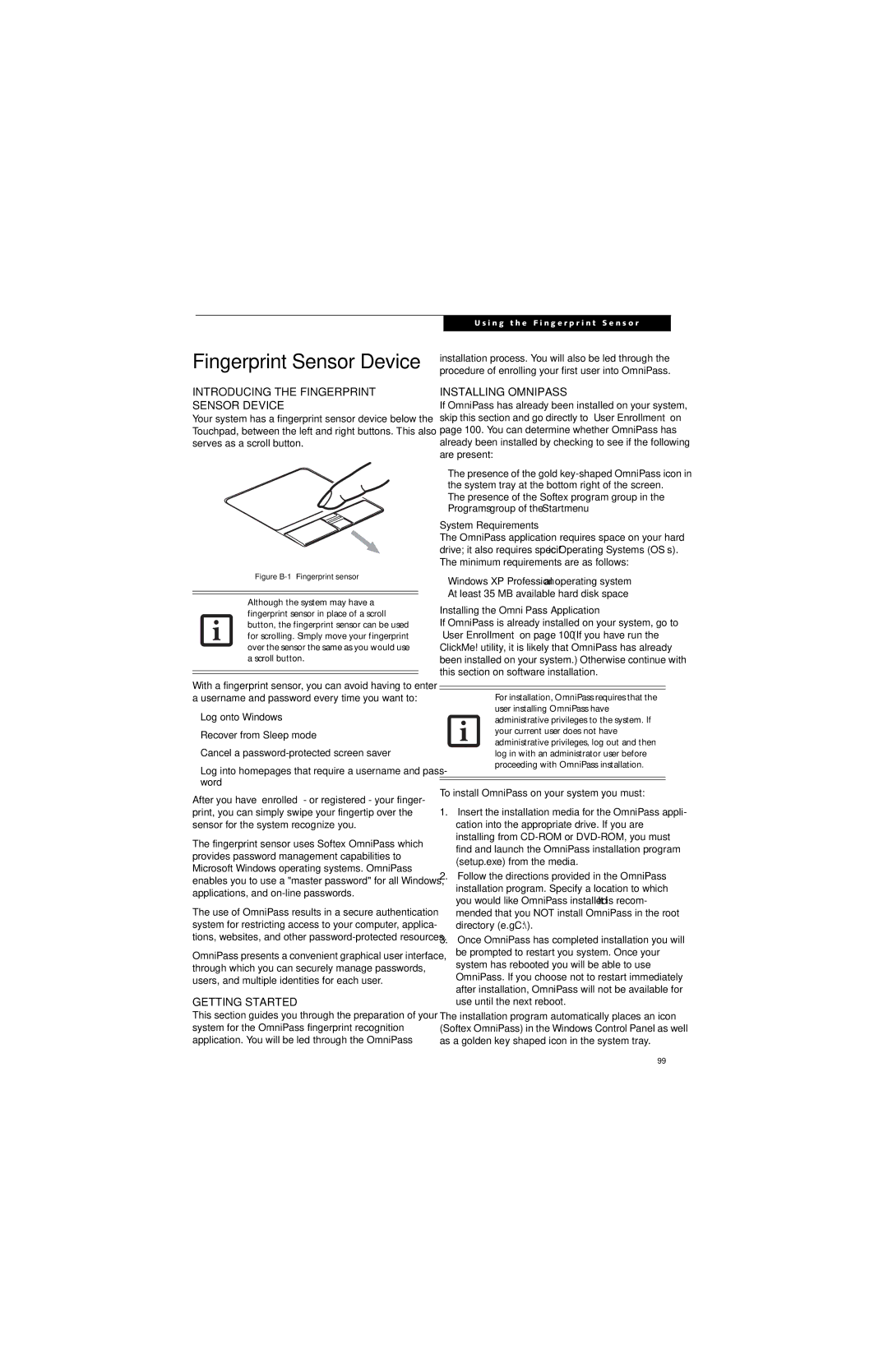 Fujitsu N6460 manual Introducing the Fingerprint Sensor Device, Getting Started, Installing Omnipass, System Requirements 