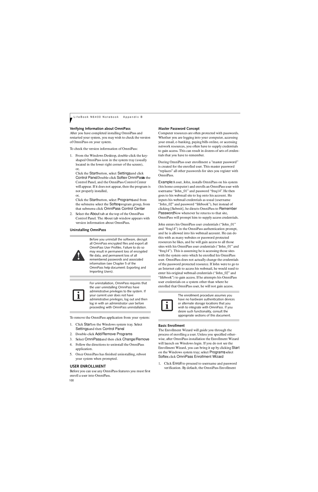 Fujitsu N6460 manual User Enrollment, Verifying Information about OmniPass, Uninstalling OmniPass, Master Password Concept 