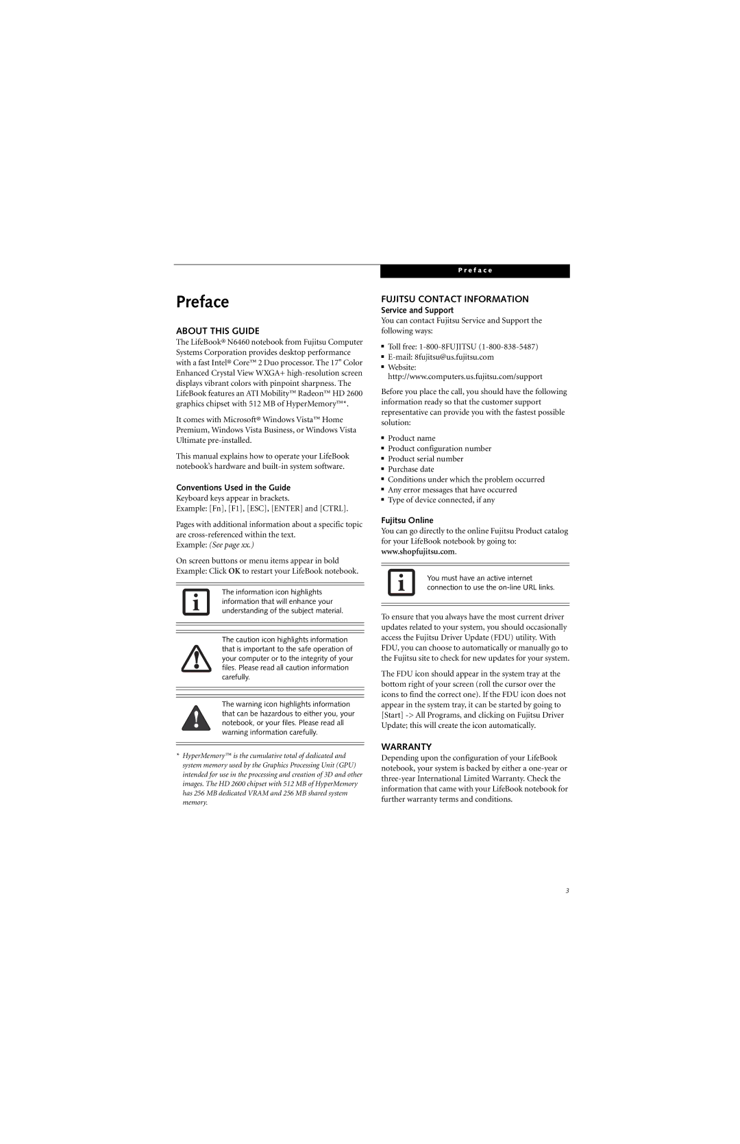 Fujitsu N6460 manual Preface, About this Guide, Fujitsu Contact Information, Warranty 