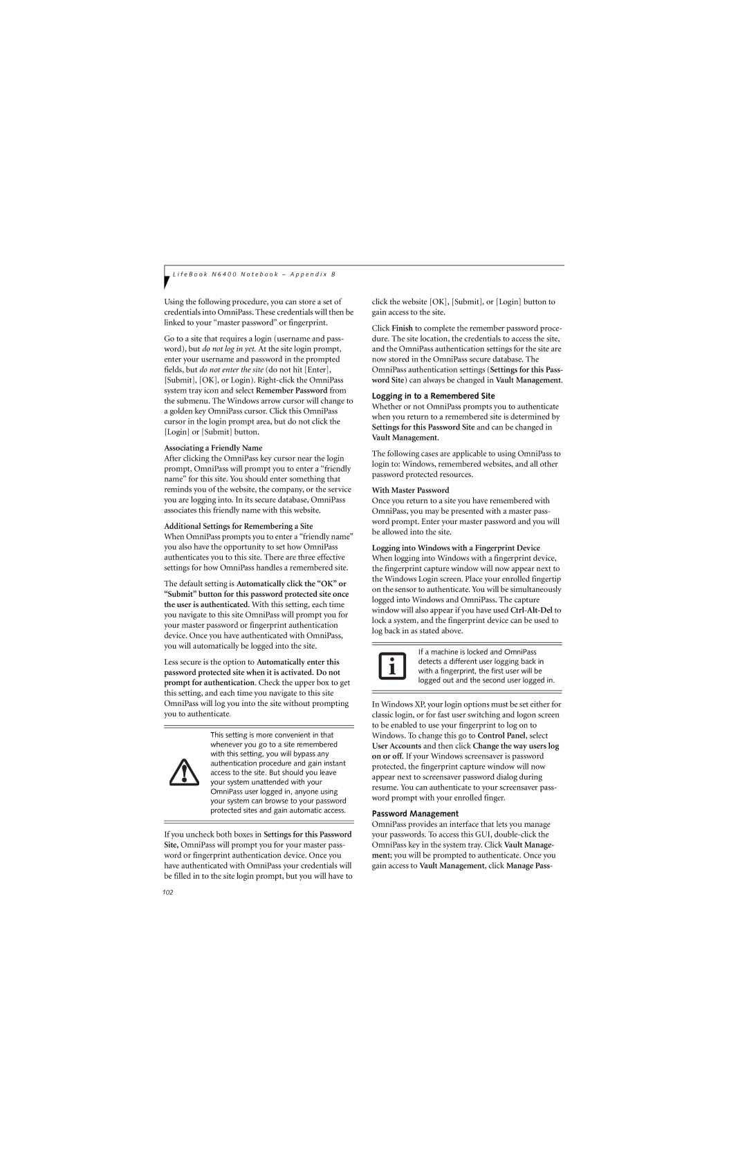 Fujitsu N6460 manual Logging in to a Remembered Site, Password Management 