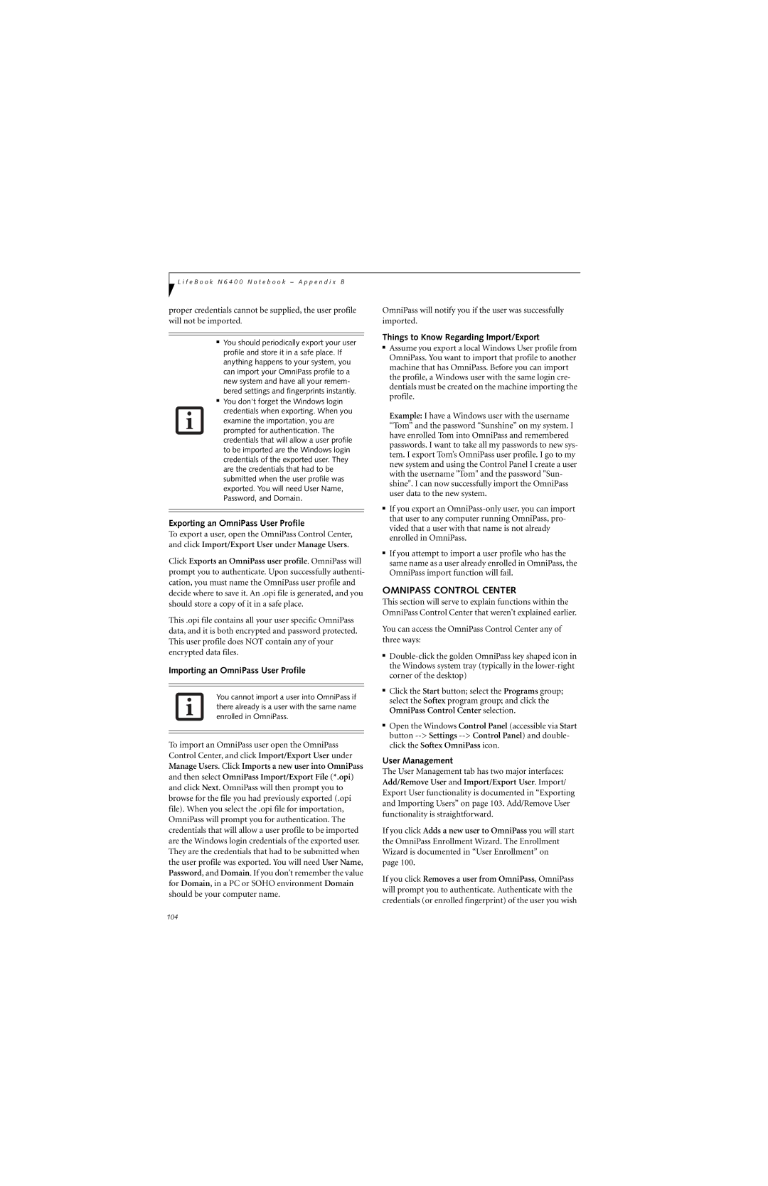 Fujitsu N6460 manual Omnipass Control Center, Exporting an OmniPass User Profile, Importing an OmniPass User Profile 