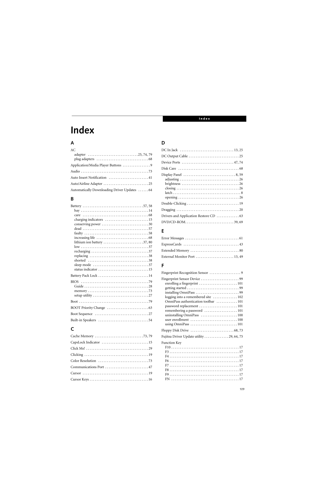 Fujitsu N6460 manual Index 