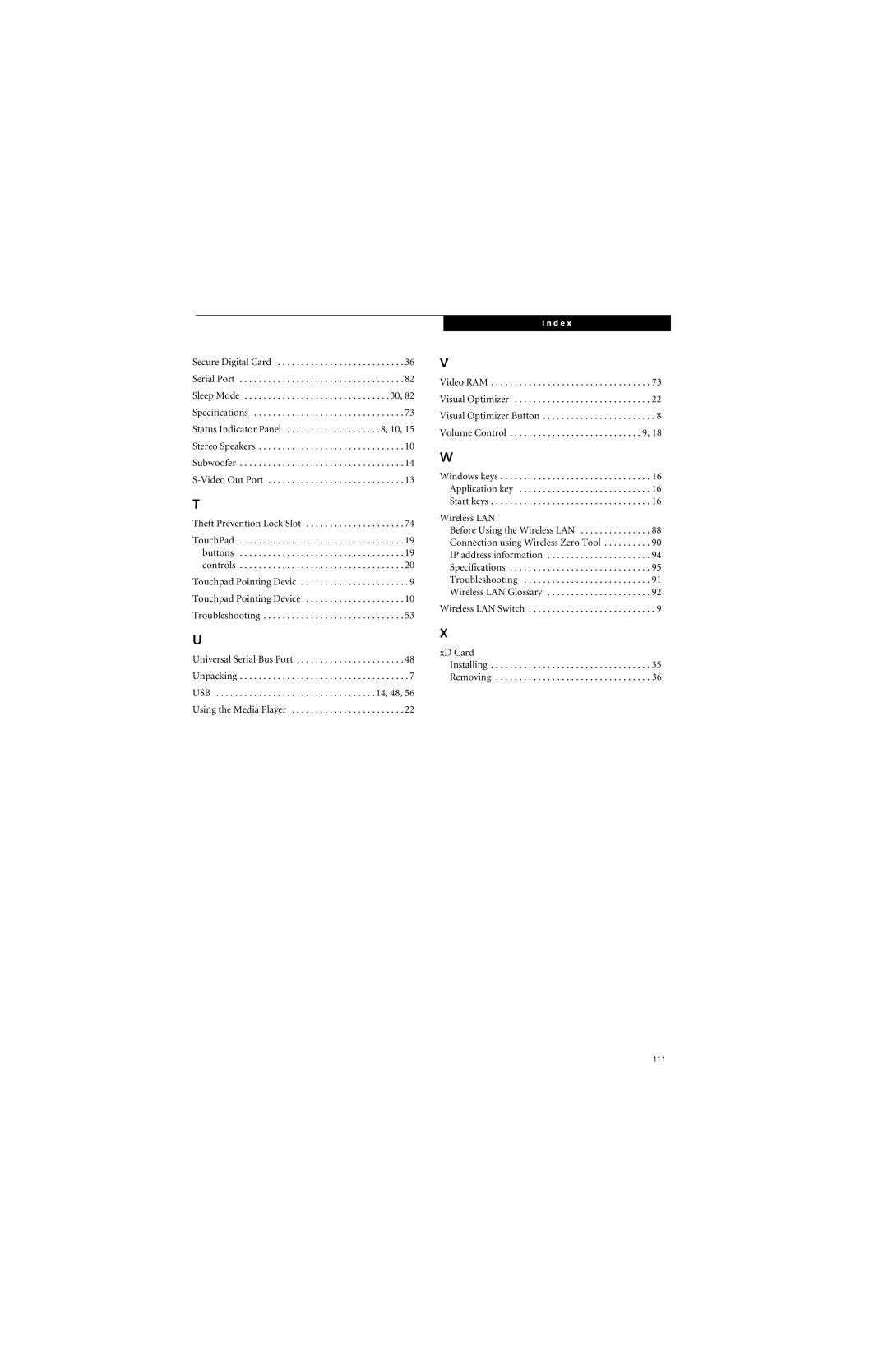 Fujitsu N6460 manual Wireless LAN Switch XD Card Installing Removing 