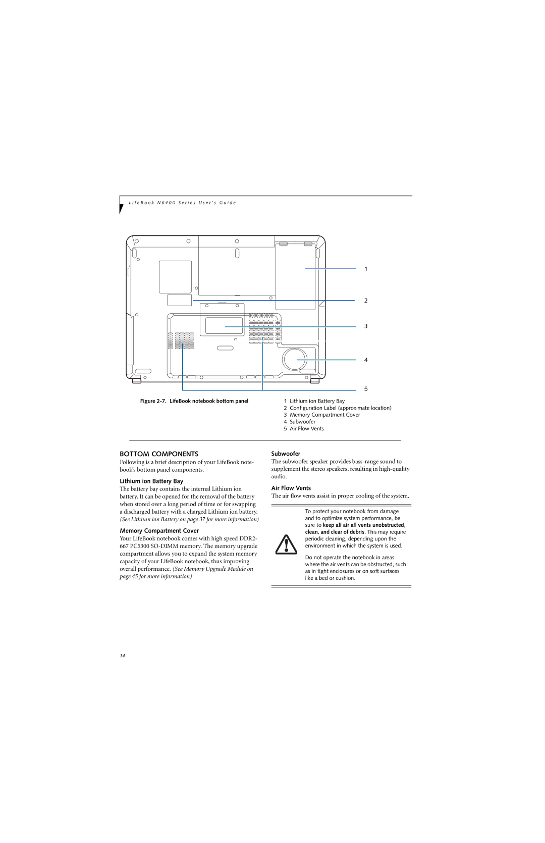 Fujitsu N6460 manual Bottom Components, Lithium ion Battery Bay, Memory Compartment Cover, Subwoofer 