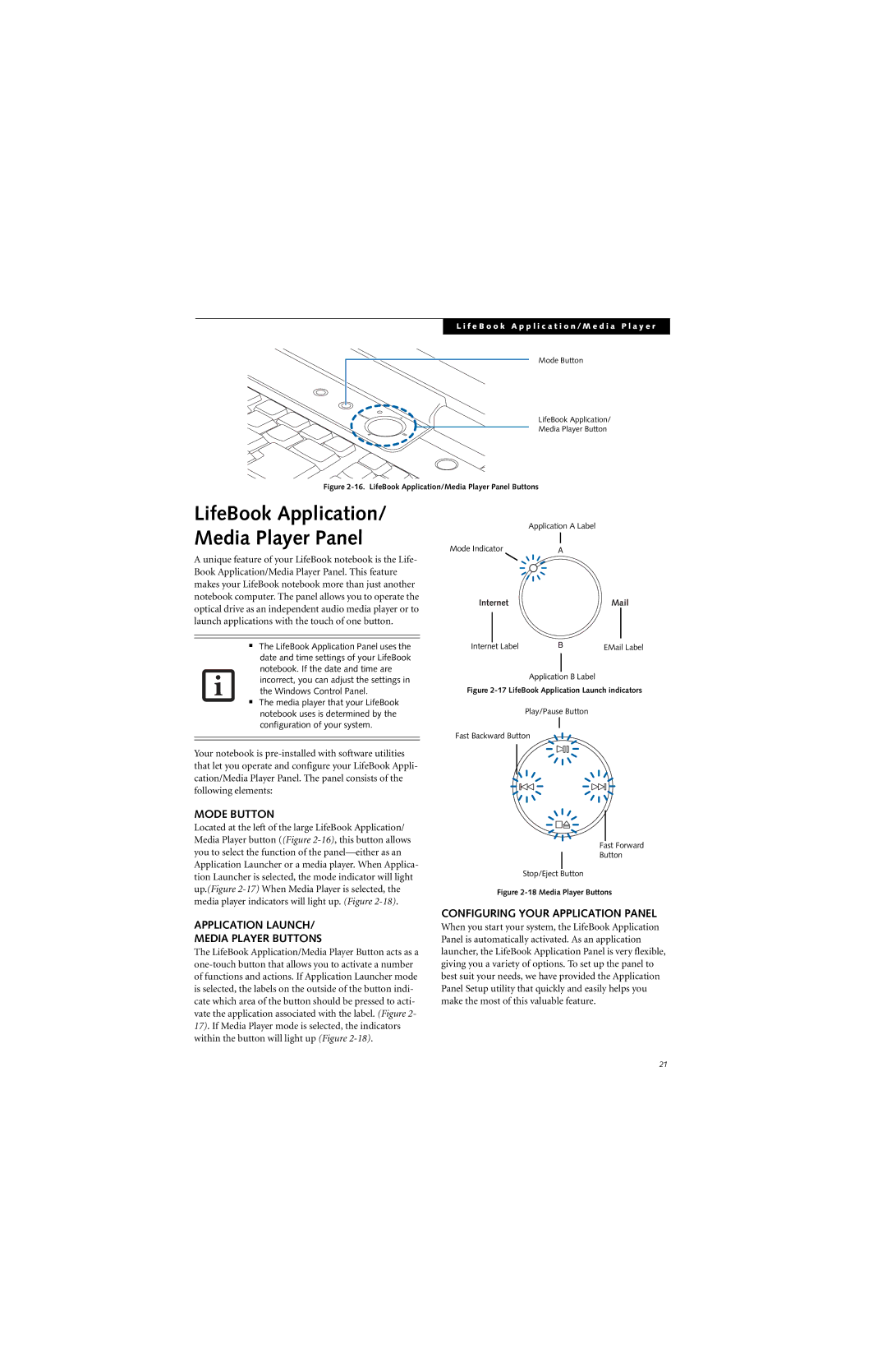 Fujitsu N6460 manual Mode Button, Application Launch Media Player Buttons, Configuring Your Application Panel 