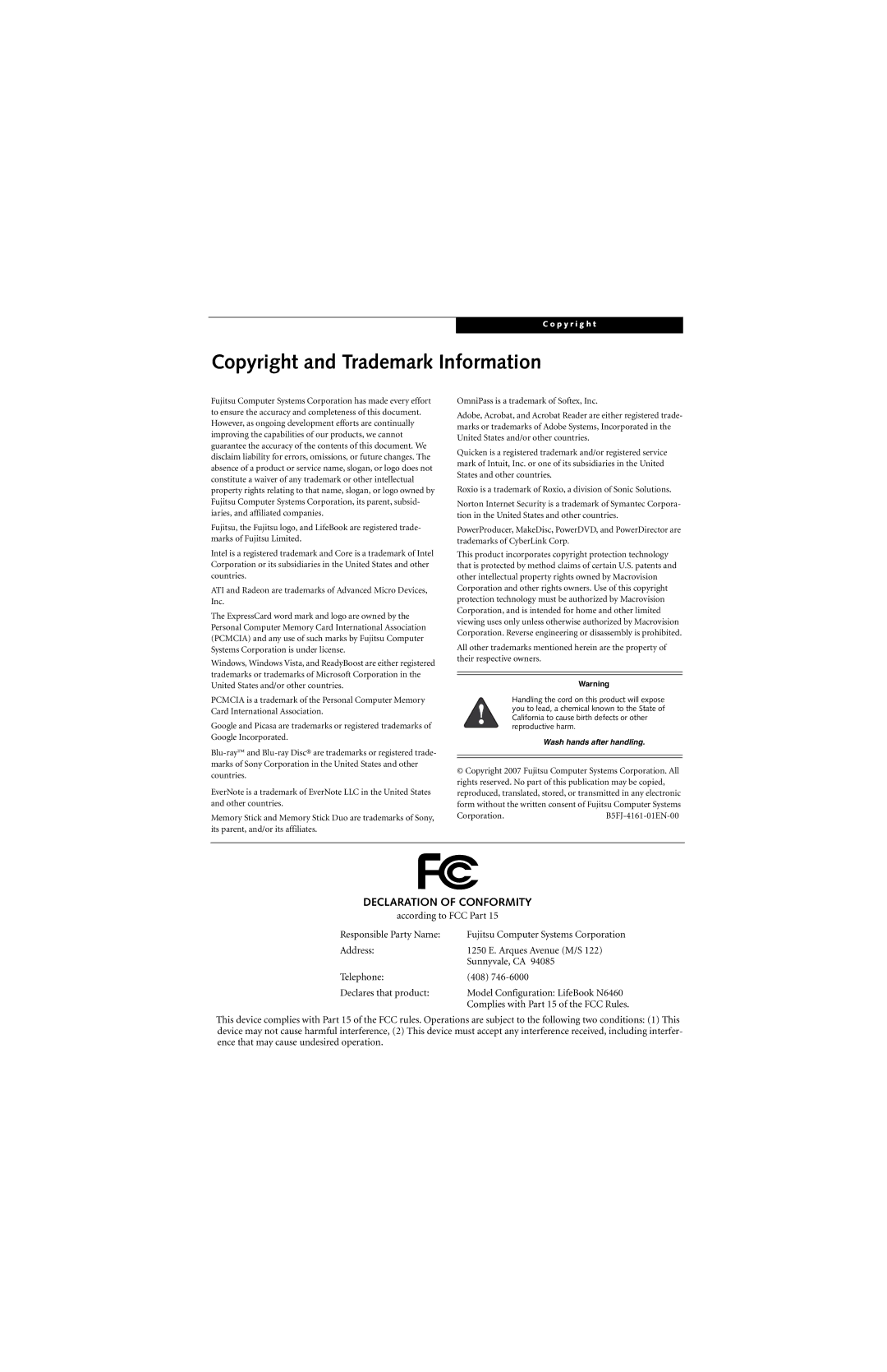 Fujitsu N6460 manual Copyright and Trademark Information, Declaration of Conformity 