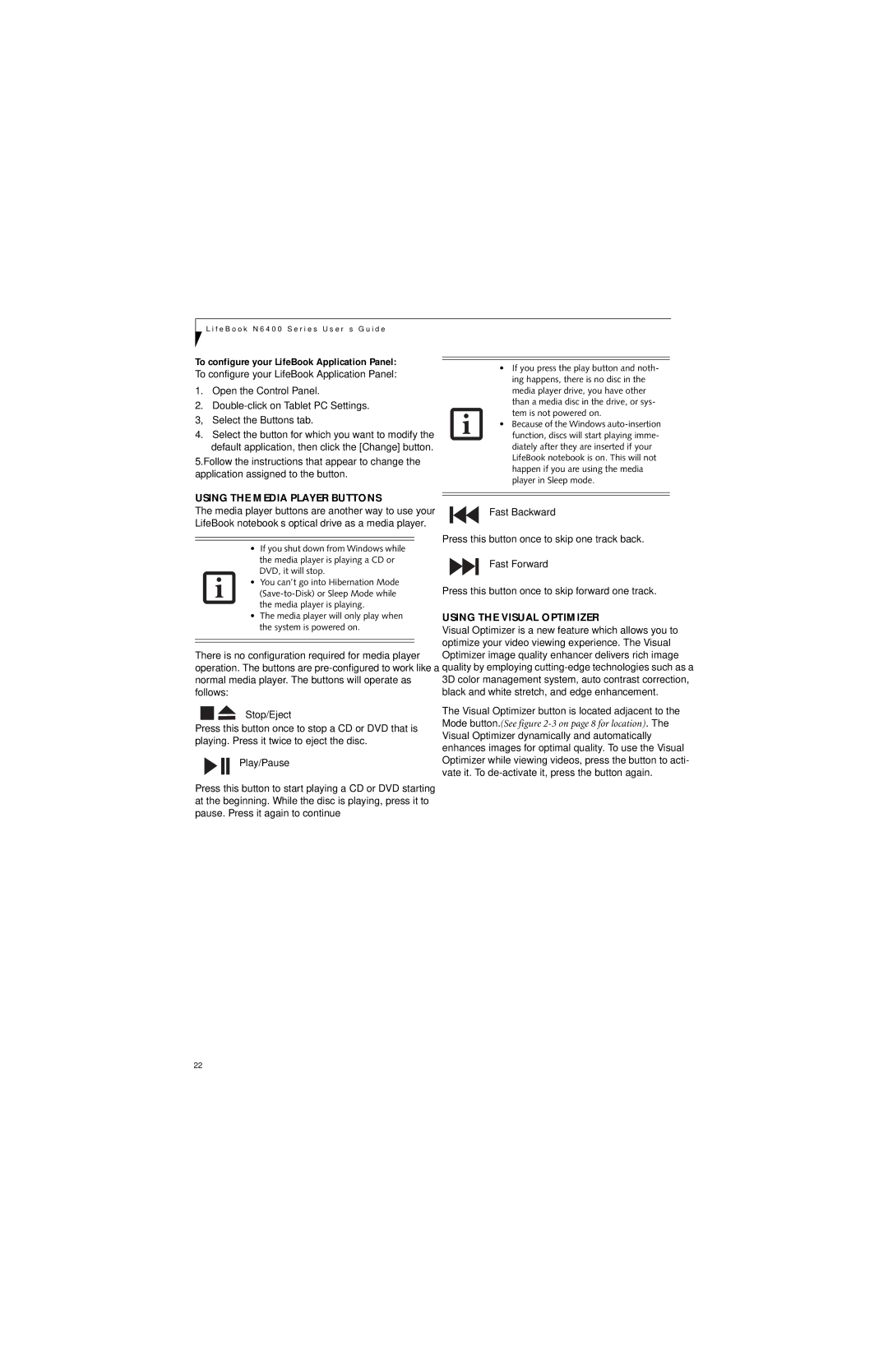 Fujitsu N6460 Using the Media Player Buttons, Using the Visual Optimizer, To configure your LifeBook Application Panel 