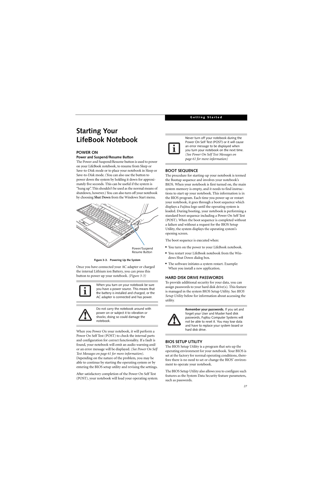 Fujitsu N6460 Starting Your LifeBook Notebook, Power on, Boot Sequence, Hard Disk Drive Passwords, Bios Setup Utility 