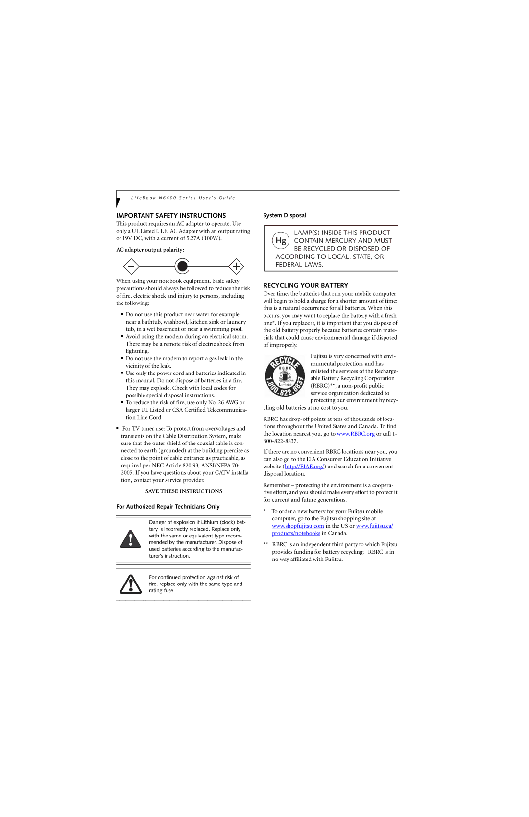 Fujitsu N6460 manual Important Safety Instructions, Recycling Your Battery, AC adapter output polarity 