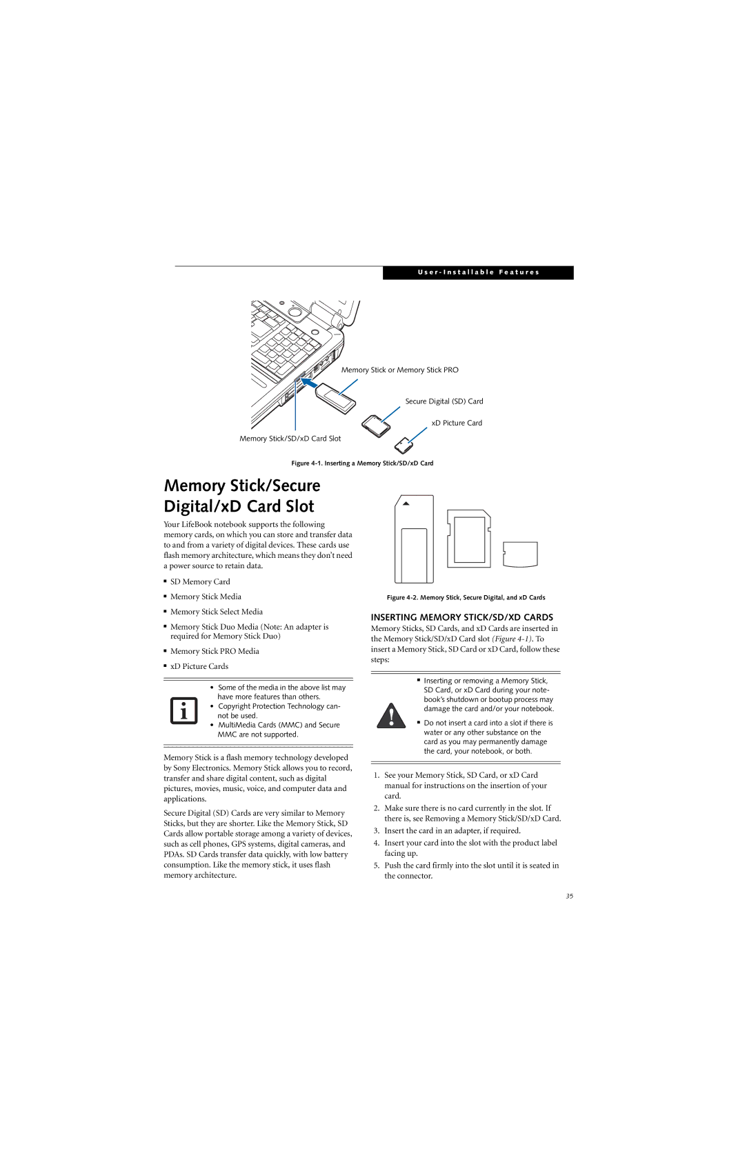 Fujitsu N6460 manual Memory Stick/Secure Digital/xD Card Slot, Inserting Memory STICK/SD/XD Cards 