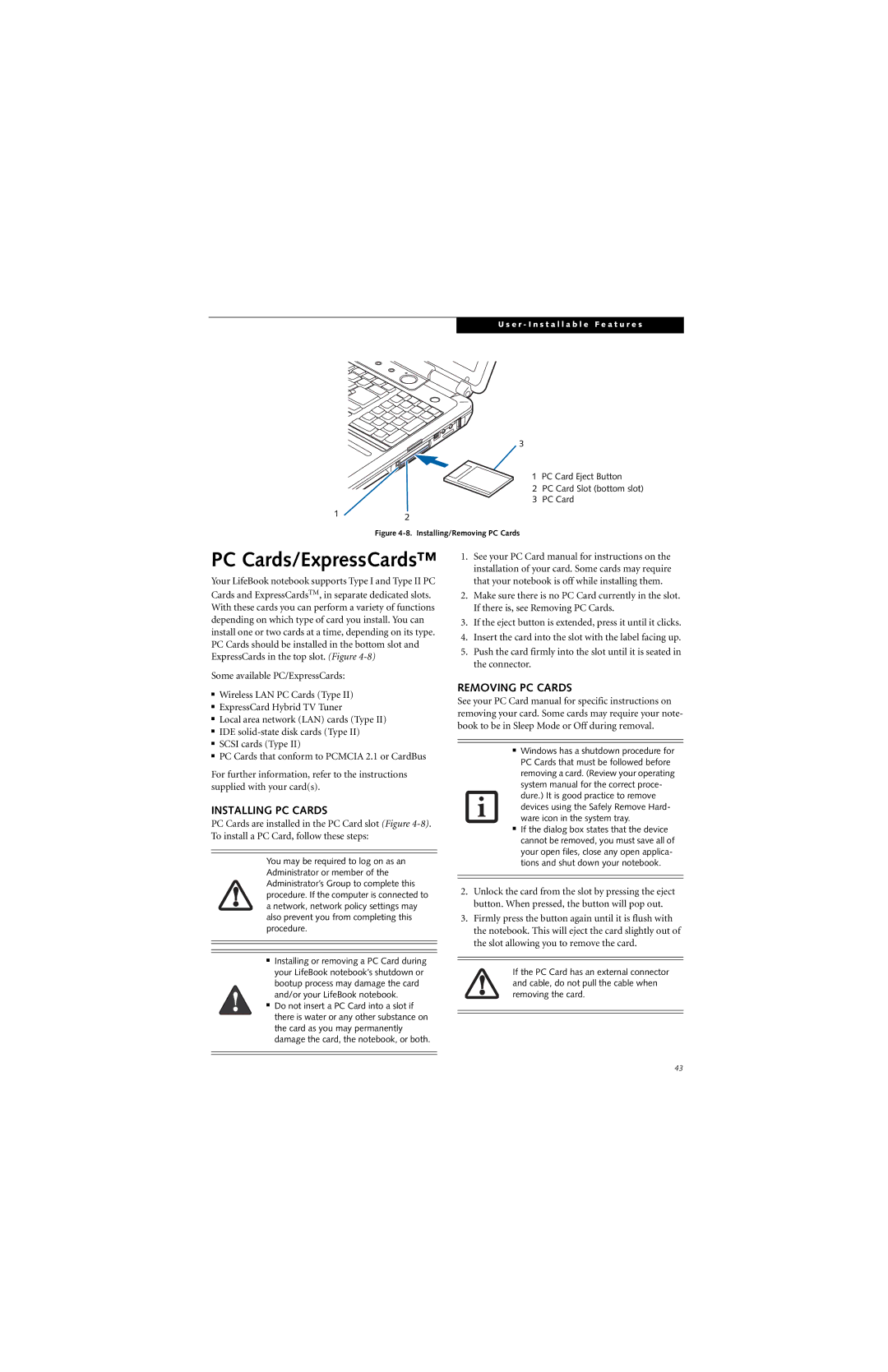 Fujitsu N6460 manual Installing PC Cards, Removing PC Cards 