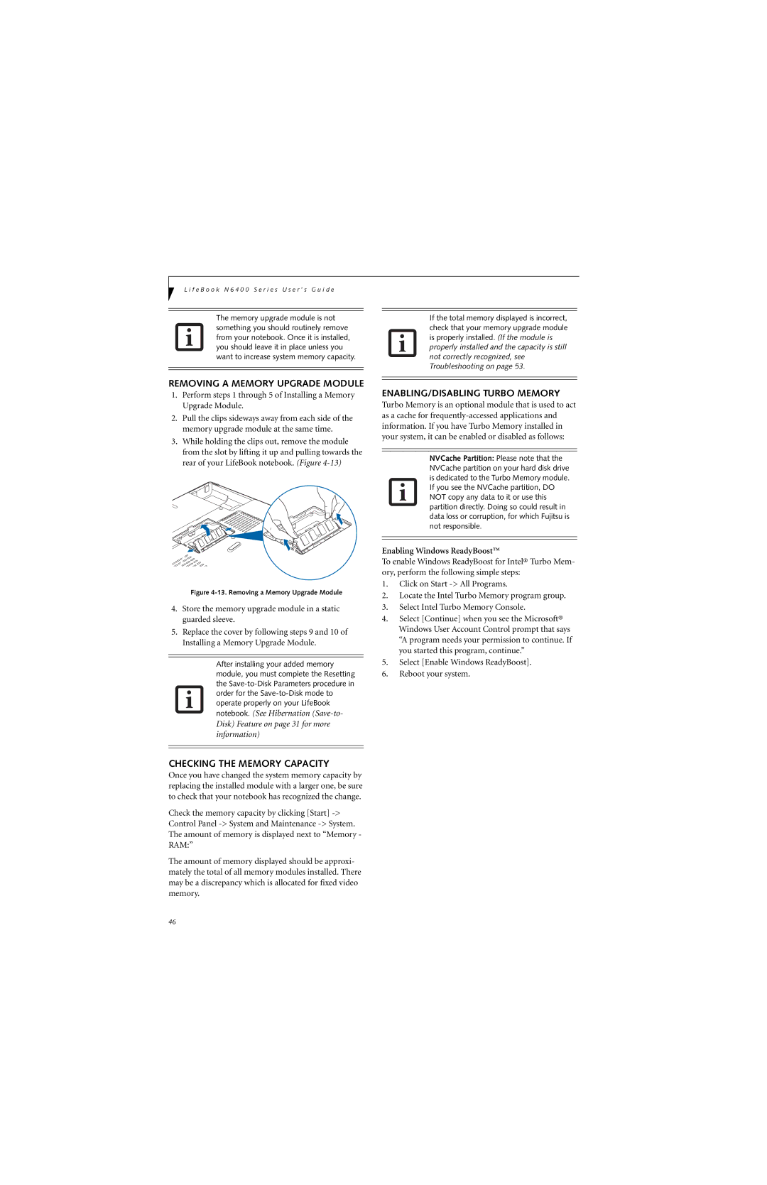 Fujitsu N6460 manual Removing a Memory Upgrade Module, Checking the Memory Capacity, ENABLING/DISABLING Turbo Memory 