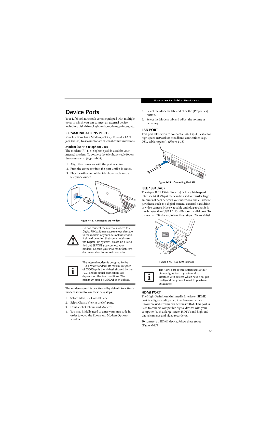 Fujitsu N6460 manual Device Ports, Communications Ports, LAN Port, Ieee 1394 Jack, Hdmi Port 