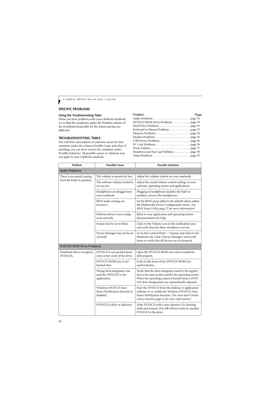 Fujitsu N6460 manual Specific Problems, Using the Troubleshooting Table 