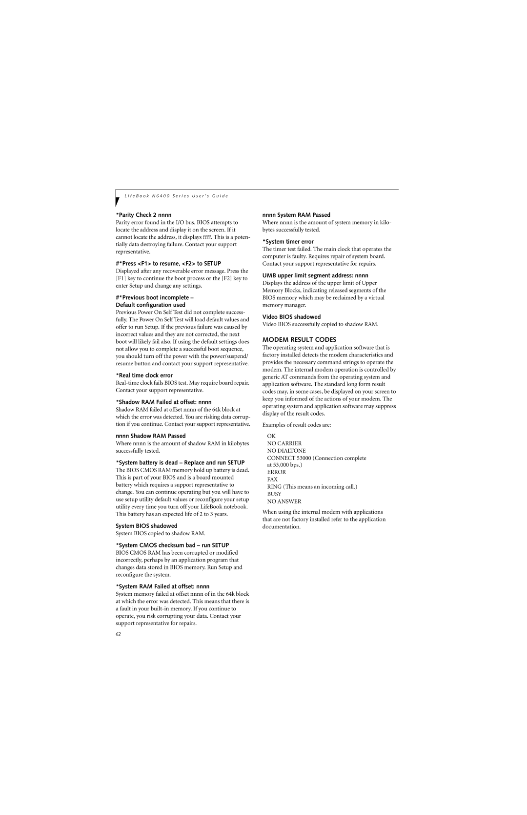 Fujitsu N6460 manual Modem Result Codes 