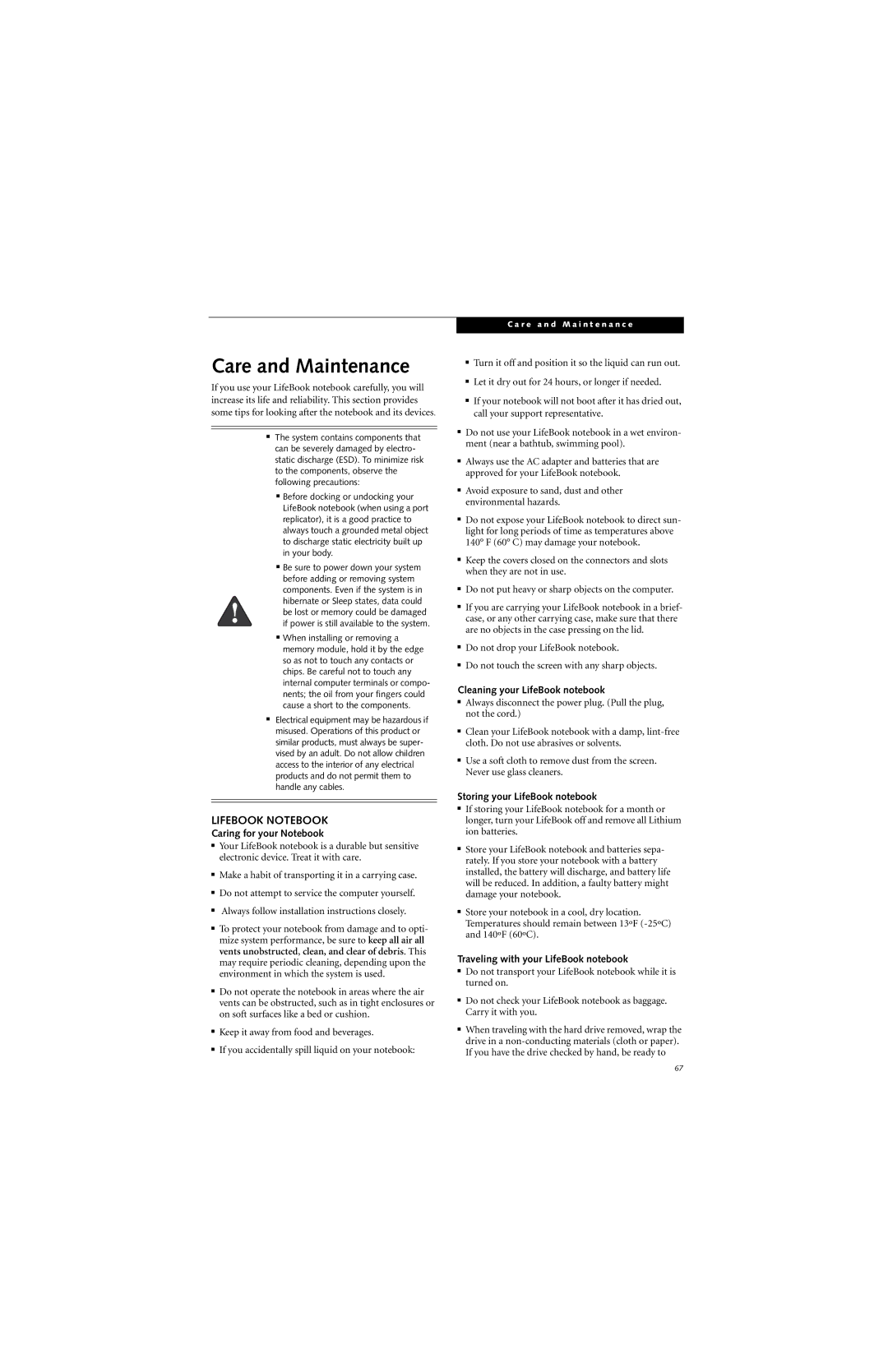 Fujitsu N6460 manual Care and Maintenance, Lifebook Notebook 