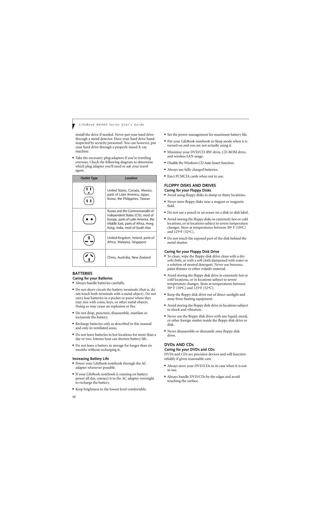 Fujitsu N6460 manual Batteries, Floppy Disks and Drives 