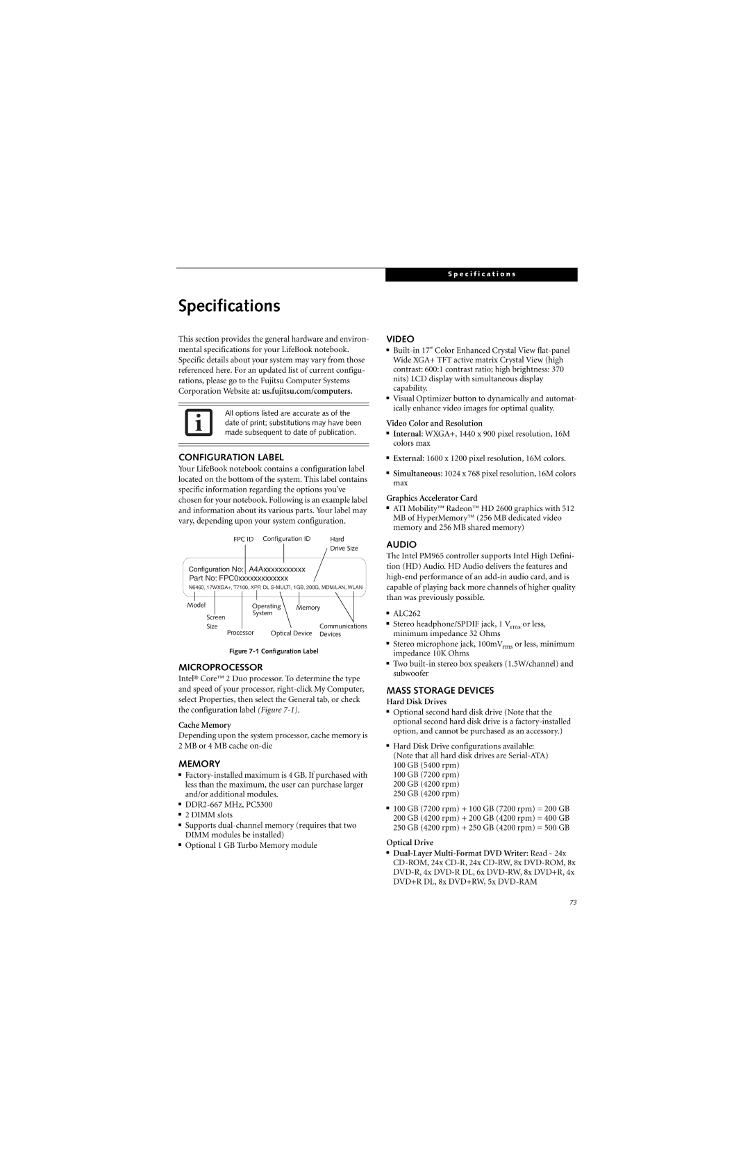 Fujitsu N6460 manual Specifications 