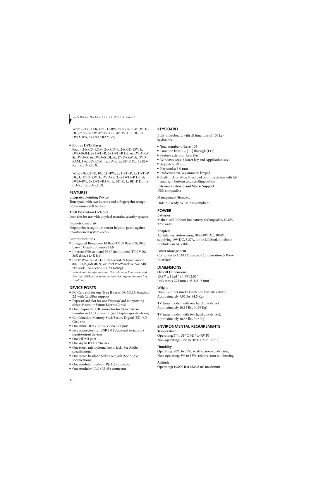 Fujitsu N6460 manual Features, Device Ports, Keyboard, Power, Dimensions, Environmental Requirements 