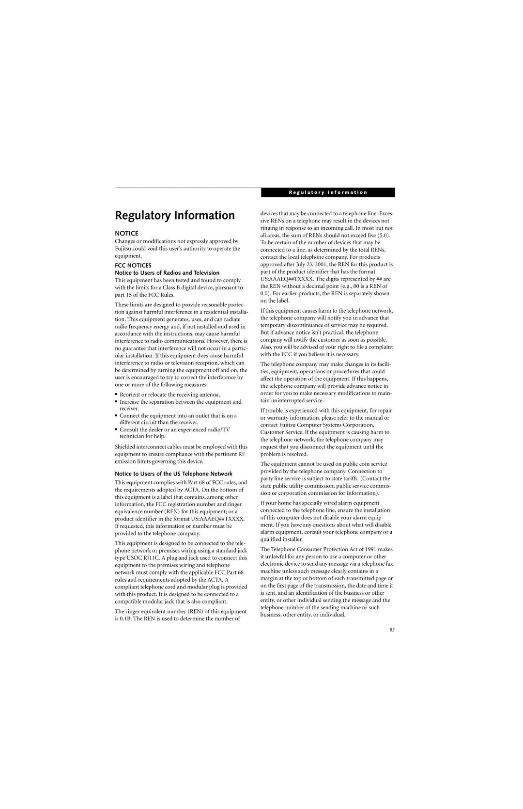 Fujitsu N6460 manual Regulatory Information, FCC Notices 