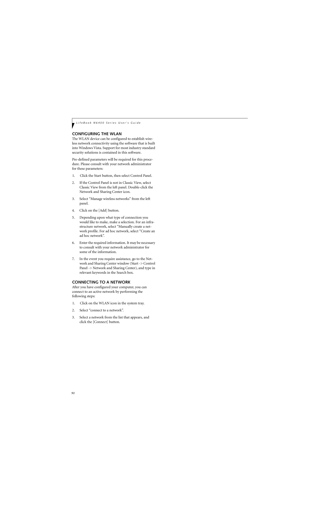 Fujitsu N6460 manual Configuring the Wlan, Connecting to a Network 