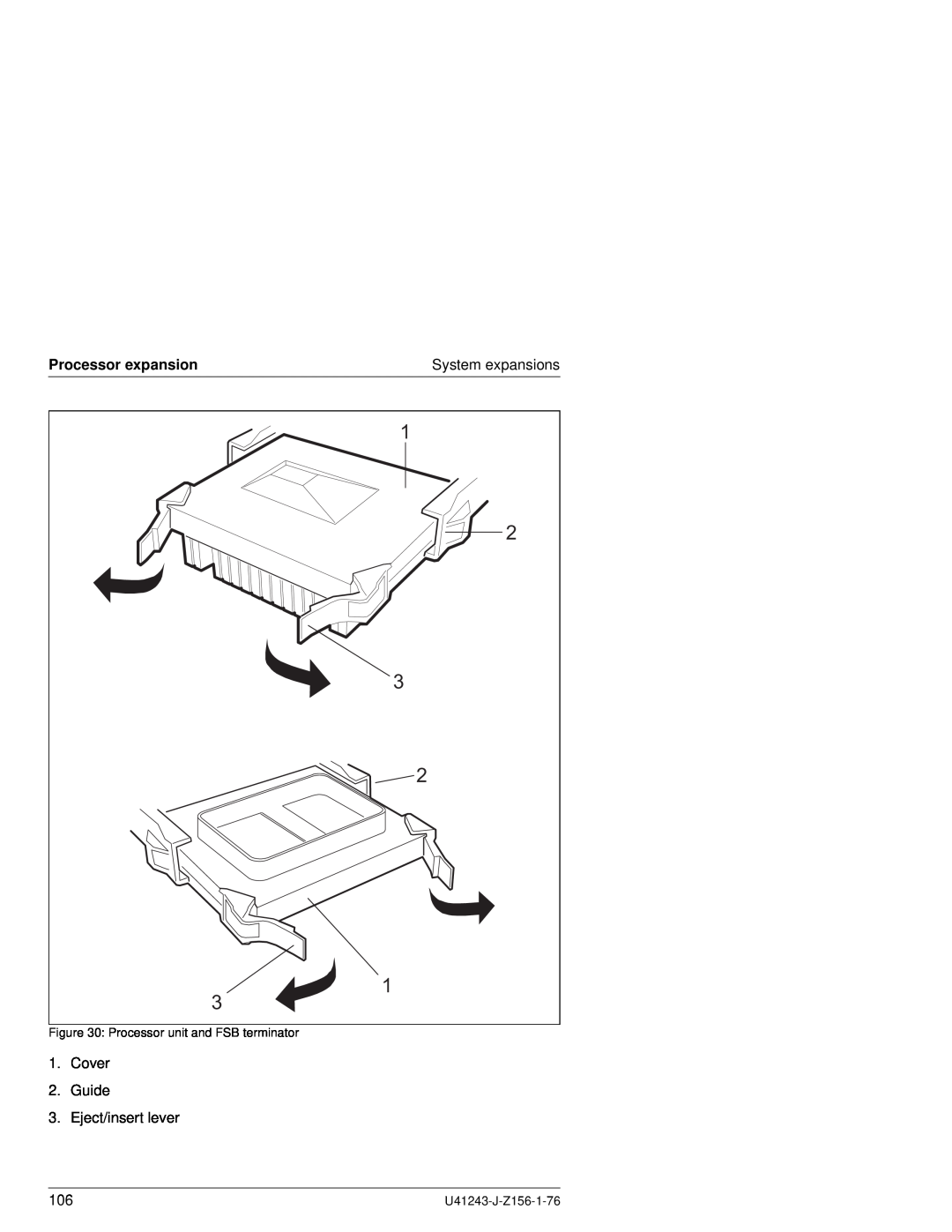 Fujitsu N800 manual Processor expansion, Cover 2. Guide 3. Eject/insert lever, System expansions, U41243-J-Z156-1-76 