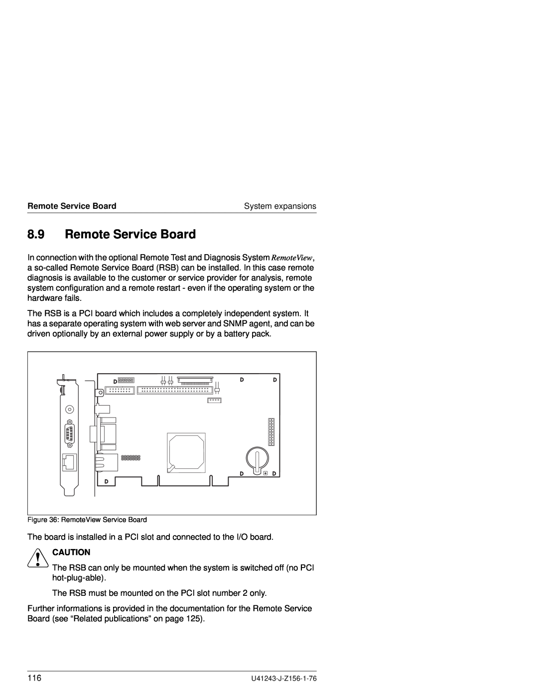 Fujitsu N800 manual Remote Service Board, V Caution 