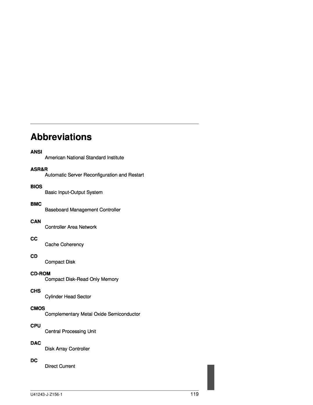Fujitsu N800 manual Abbreviations, Ansi, Asr&R, Bios, Cd-Rom, Cmos 