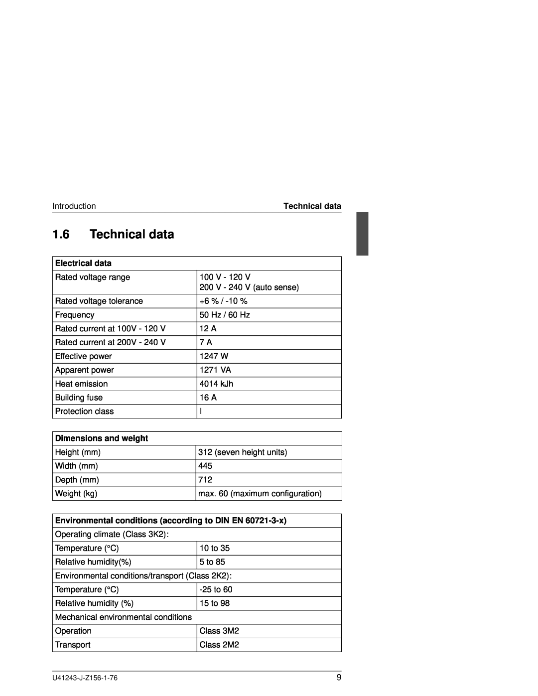 Fujitsu N800 manual Technical data, Electrical data, Dimensions and weight, Environmental conditions according to DIN EN 