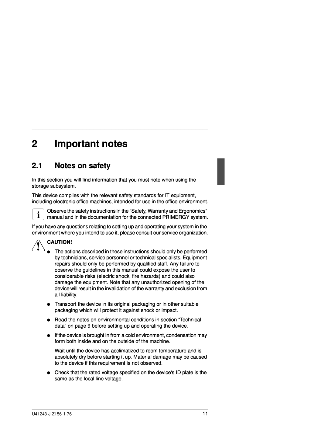 Fujitsu N800 manual Important notes, Notes on safety, V Caution 