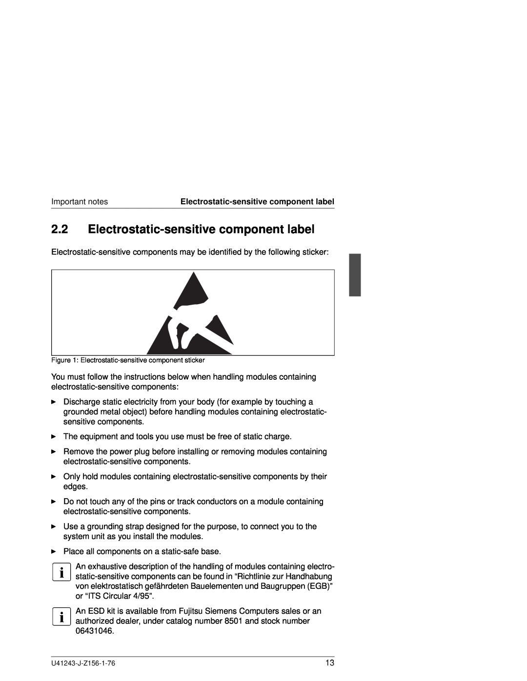 Fujitsu N800 manual Electrostatic-sensitive component label, Important notes 