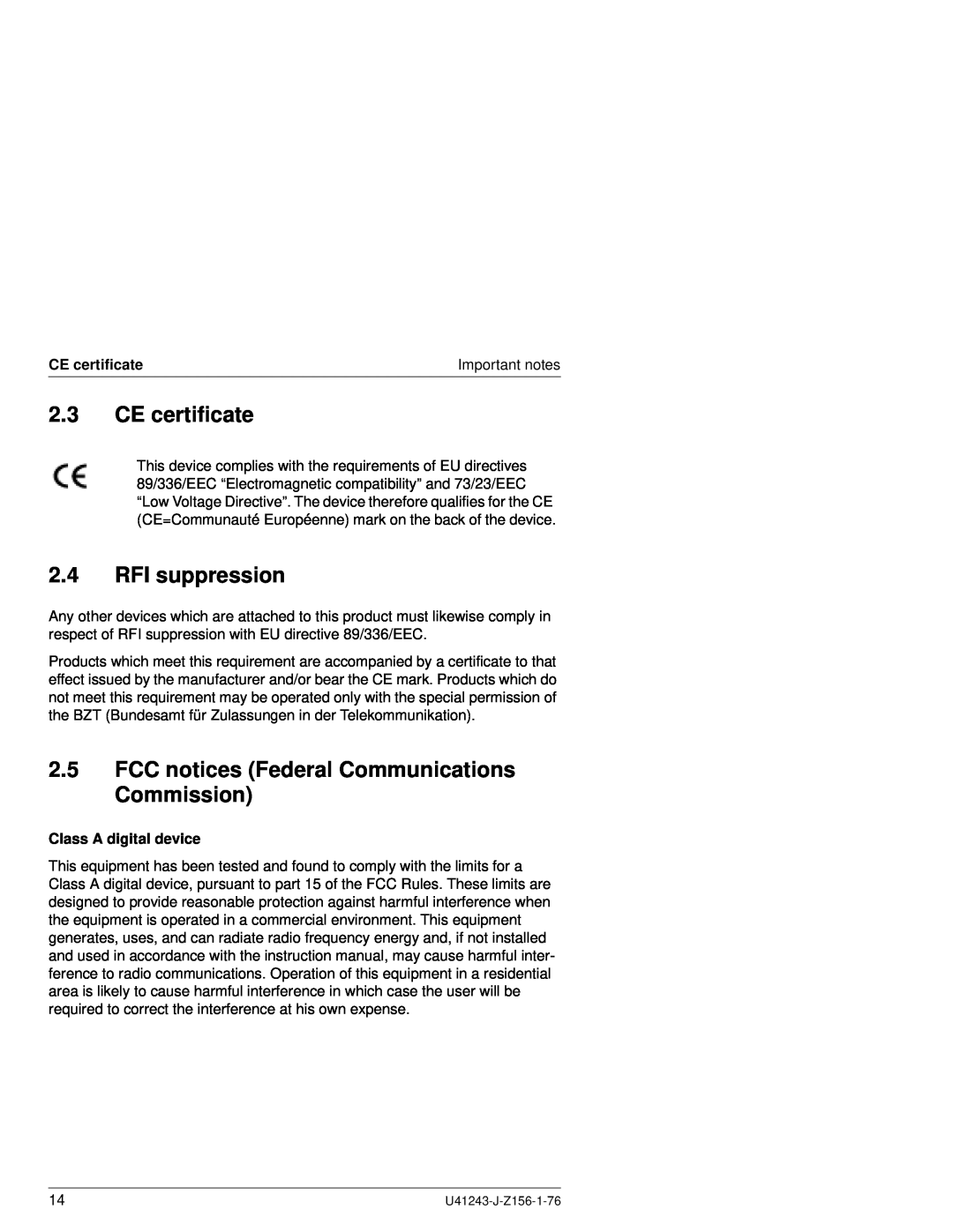 Fujitsu N800 manual CE certificate, RFI suppression, FCC notices Federal Communications Commission, Class A digital device 
