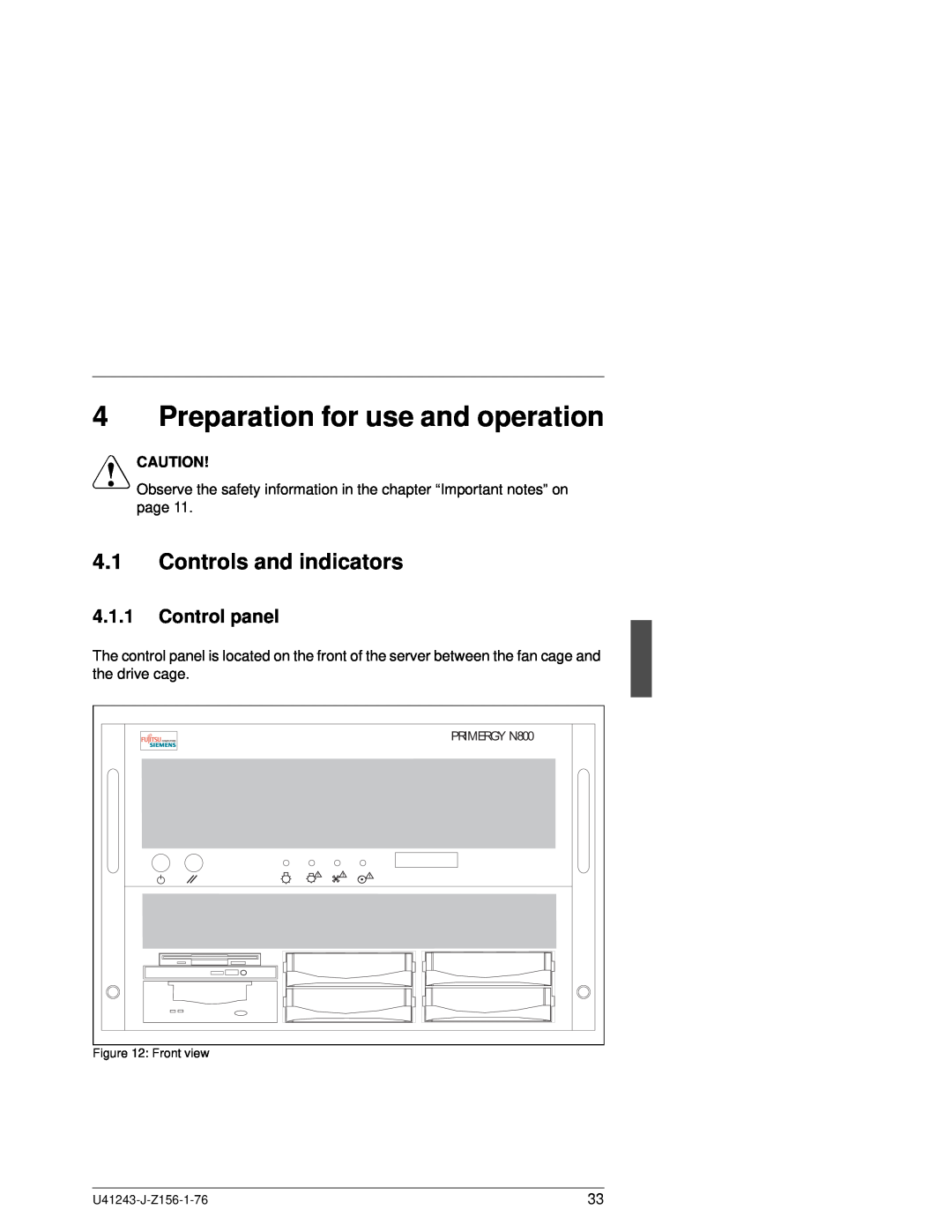Fujitsu N800 manual Preparation for use and operation, Controls and indicators, Control panel, V Caution 