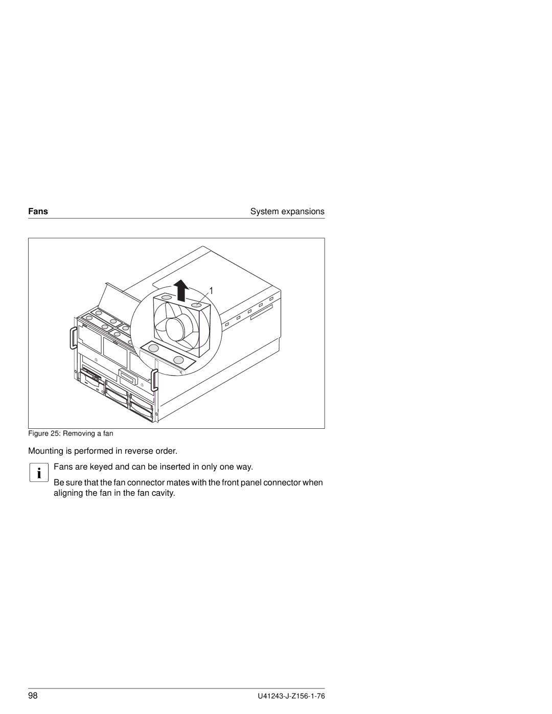 Fujitsu N800 manual Fans System expansions, Removing a fan 