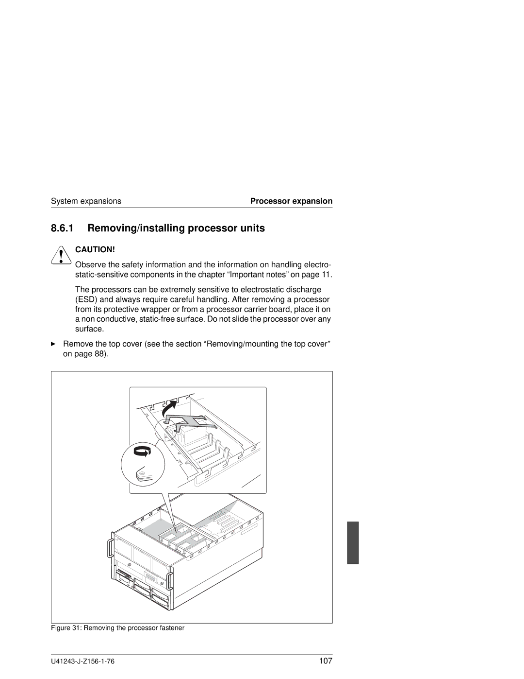 Fujitsu N800 manual Removing/installing processor units, Removing the processor fastener U41243-J-Z156-1-76 