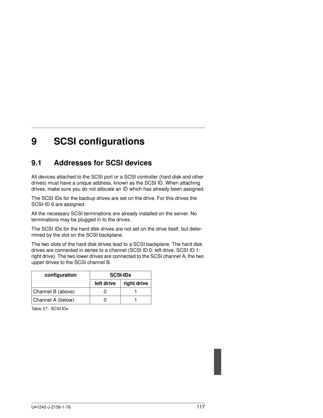 Fujitsu N800 manual Scsi configurations, Addresses for Scsi devices, Configuration SCSI-IDs 