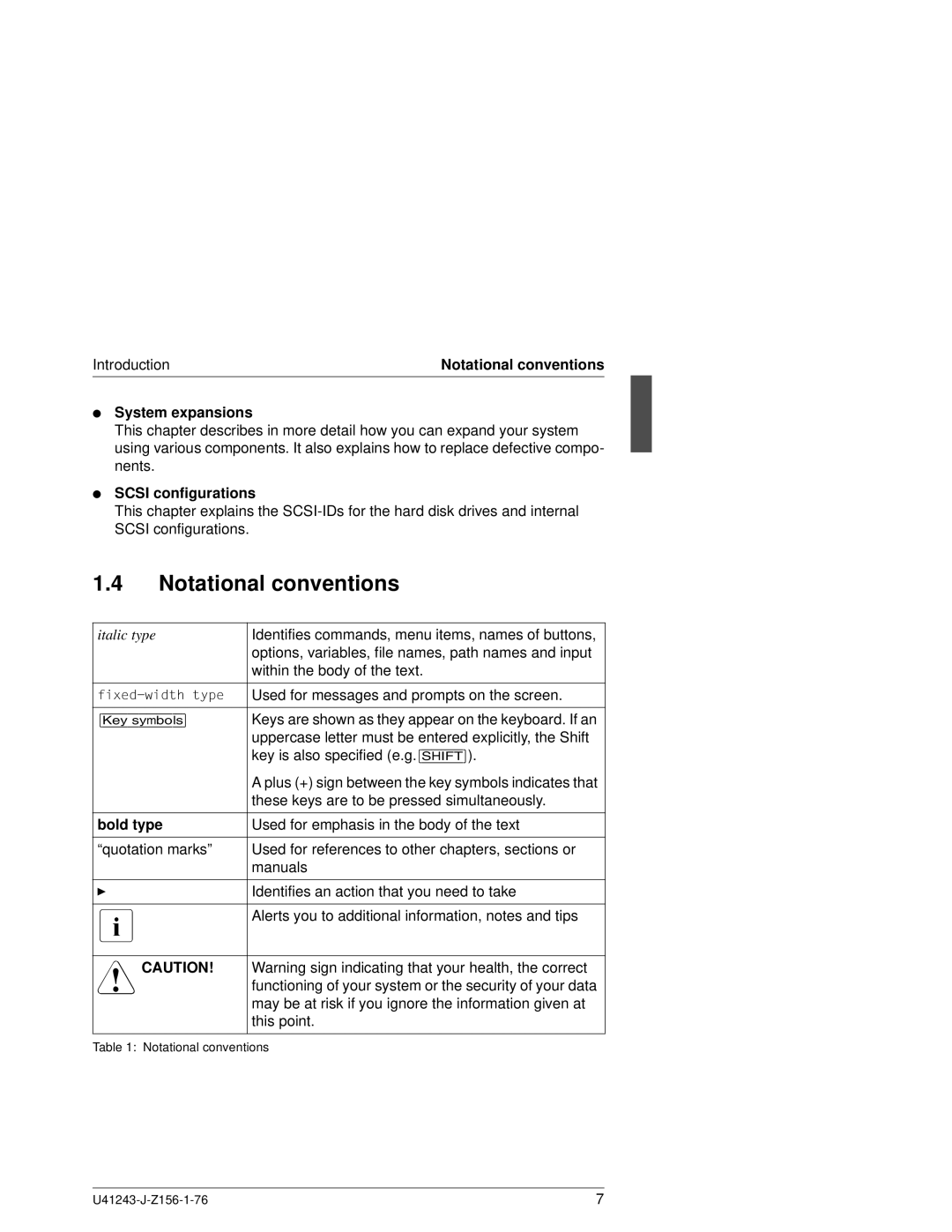 Fujitsu N800 manual Notational conventions, System expansions, Scsi configurations, Bold type 