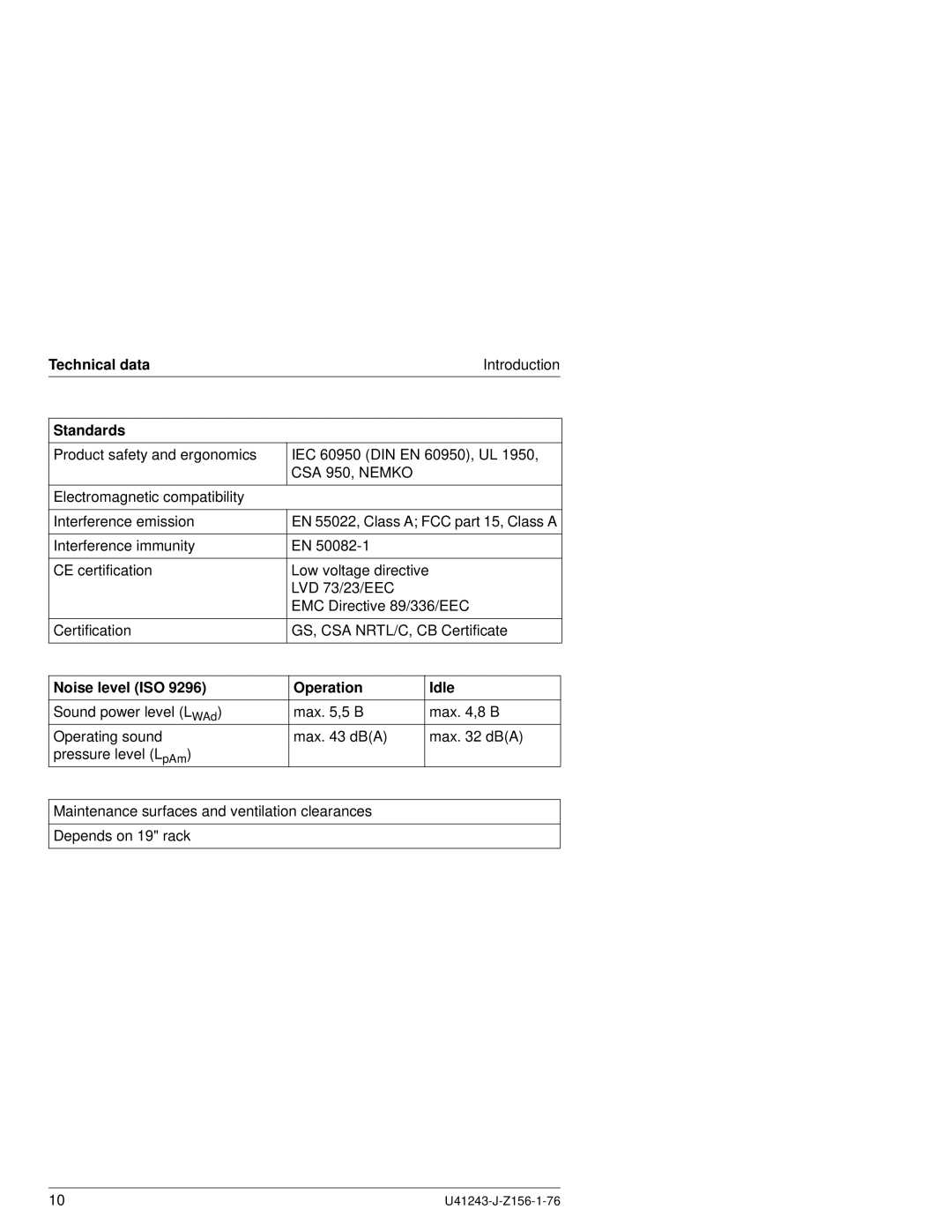 Fujitsu N800 manual Technical data, Standards, Noise level ISO Operation Idle 