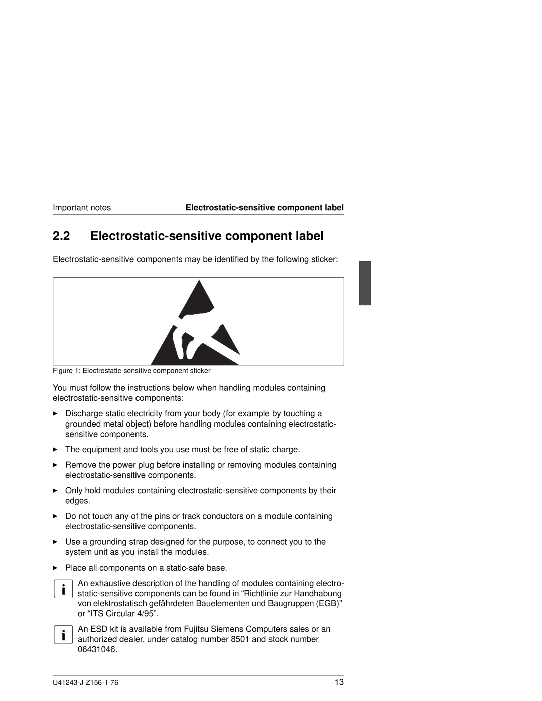 Fujitsu N800 manual Electrostatic-sensitive component label, Electrostatic-sensitive component sticker 