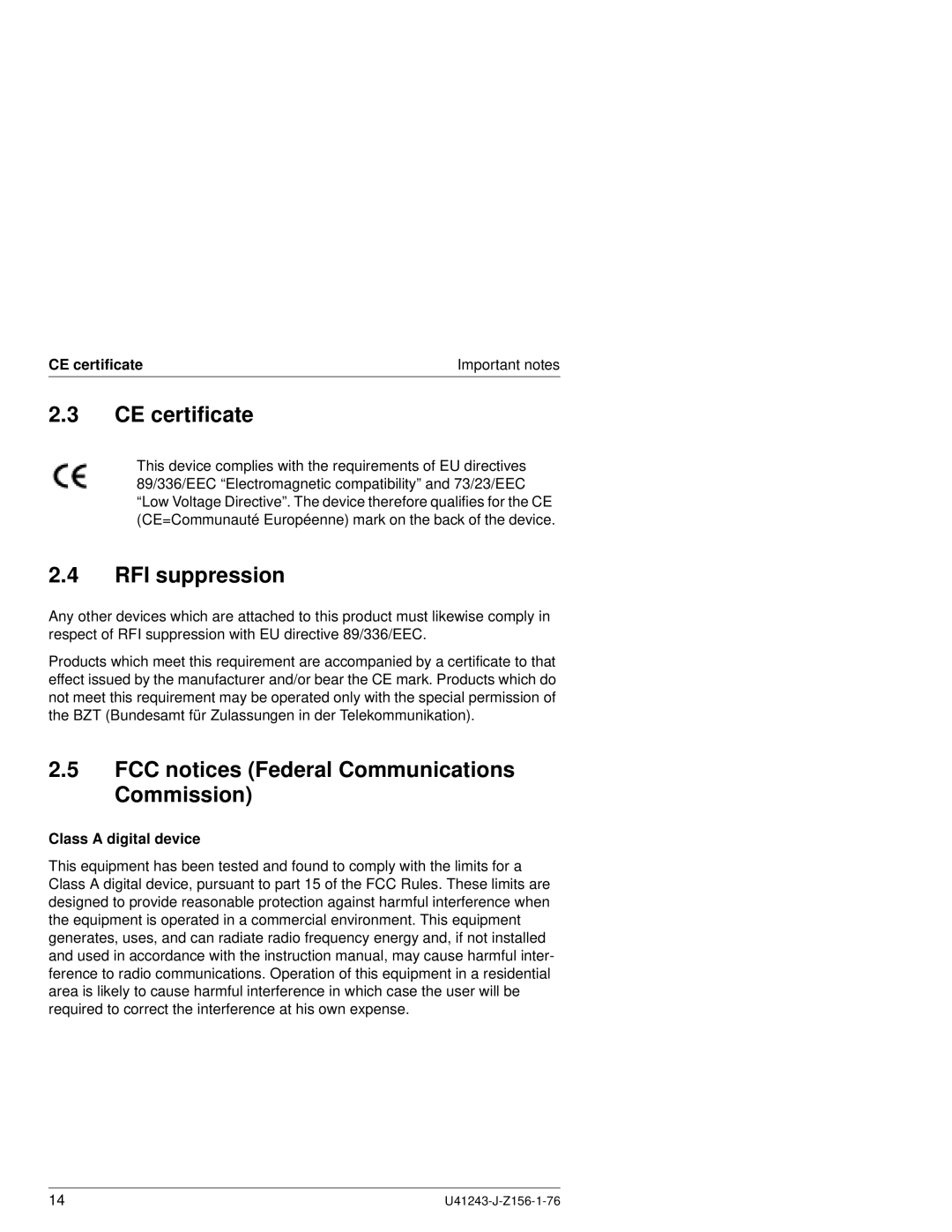 Fujitsu N800 manual CE certificate, RFI suppression, FCC notices Federal Communications Commission, Class a digital device 