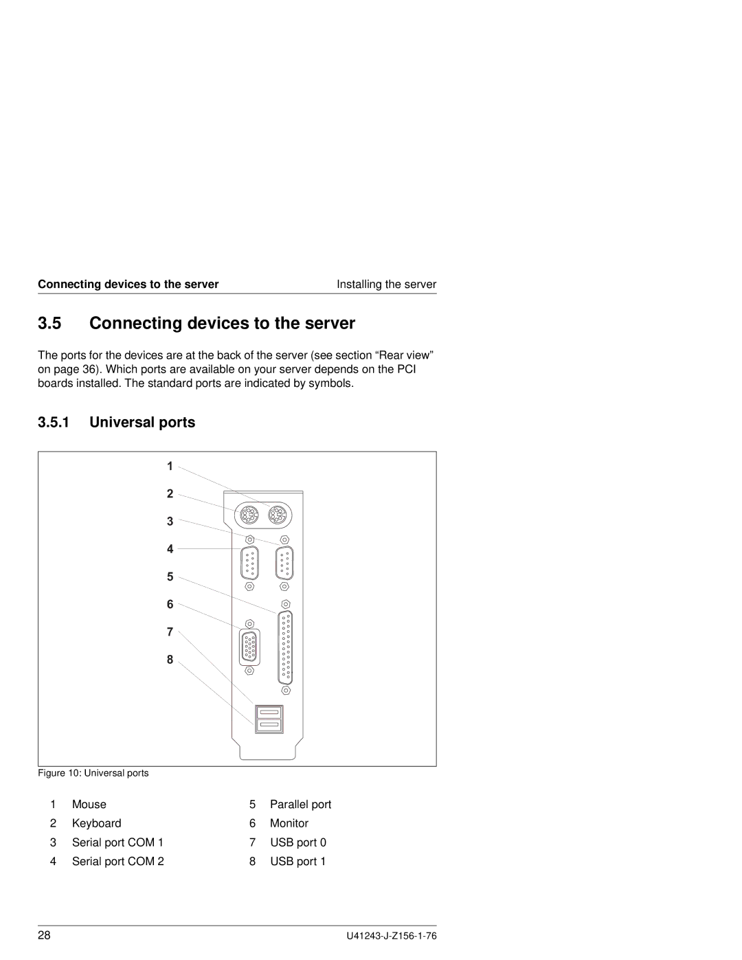 Fujitsu N800 manual Connecting devices to the server, Universal ports 