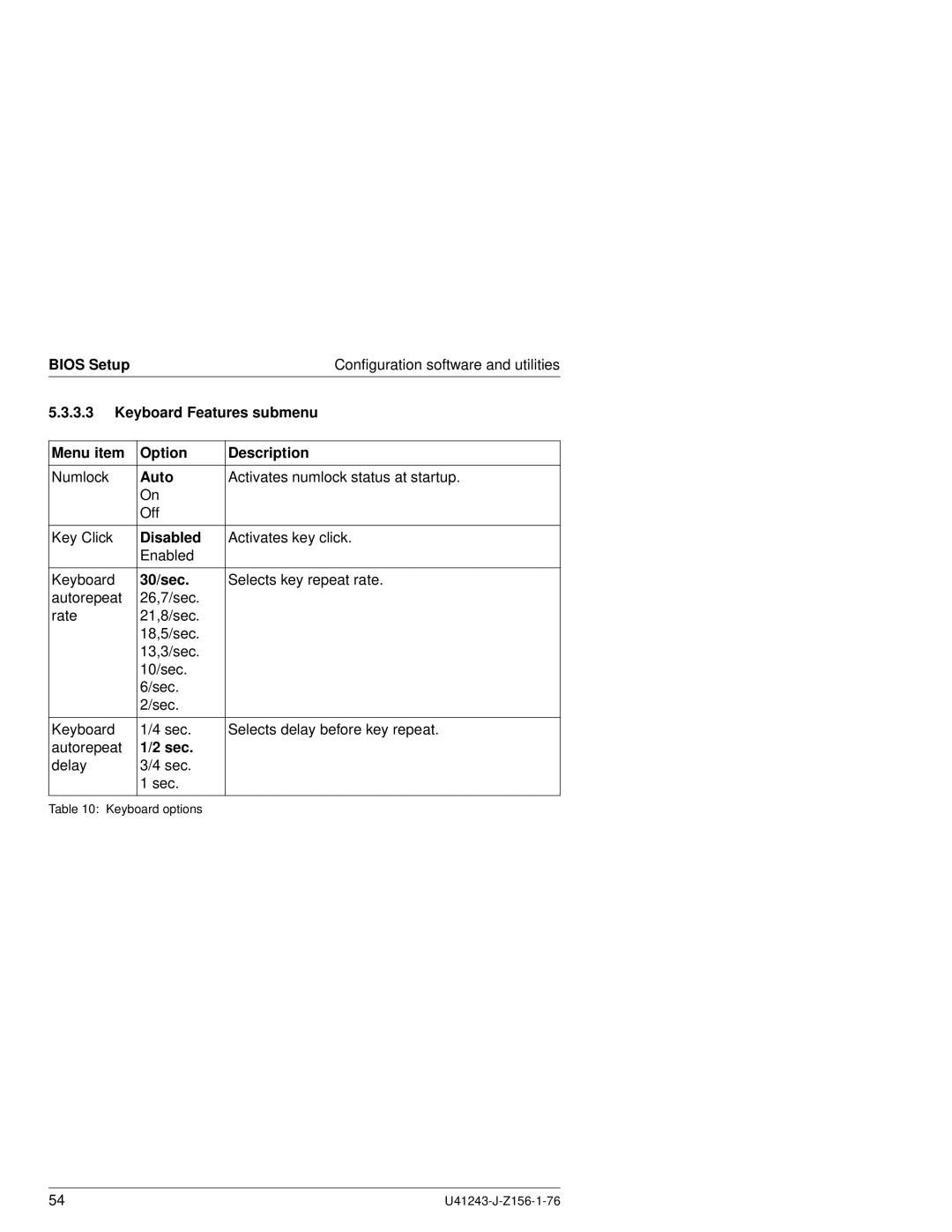 Fujitsu N800 manual Keyboard Features submenu Menu item Option Description, 30/sec, Sec 