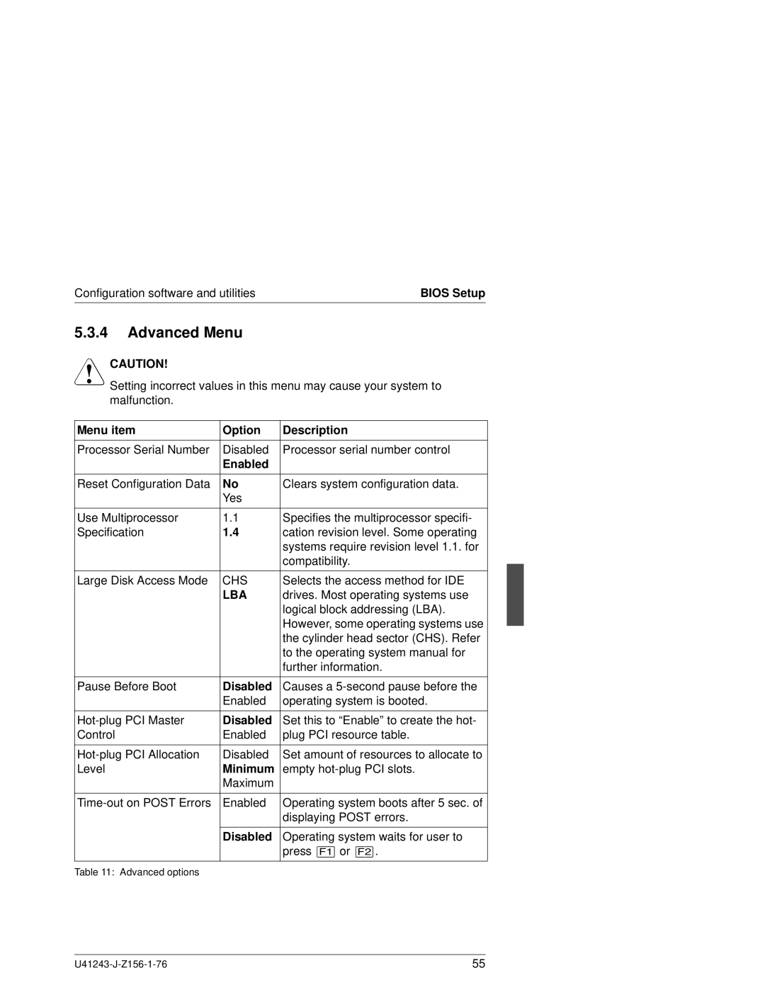 Fujitsu N800 manual Advanced Menu, Enabled, Minimum 