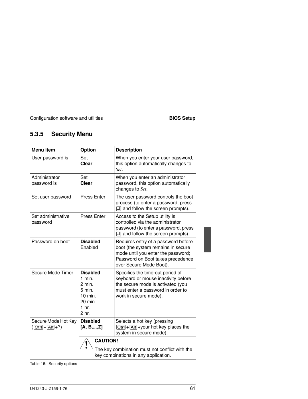 Fujitsu N800 manual Security Menu, Clear 