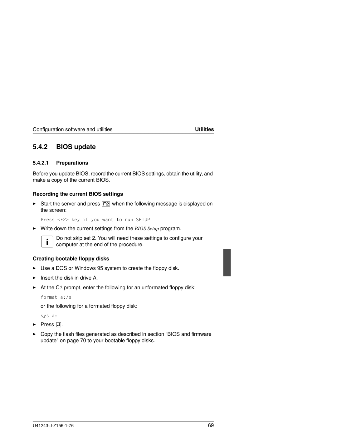 Fujitsu N800 manual Bios update, Preparations, Recording the current Bios settings, Creating bootable floppy disks 